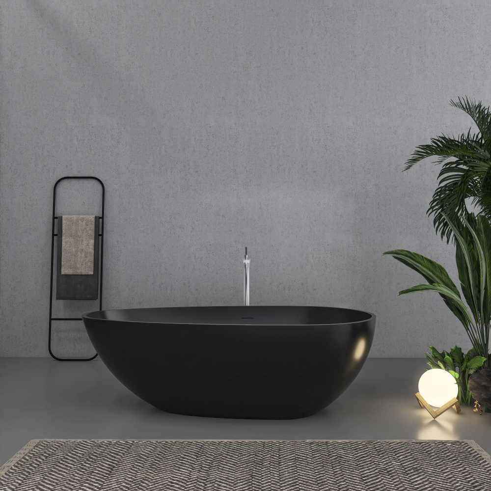 67 in. x 34 in. Solid Surface Stone Resin Flatbottom Freestanding Bathtub Soaking Bathtub in Matte Black