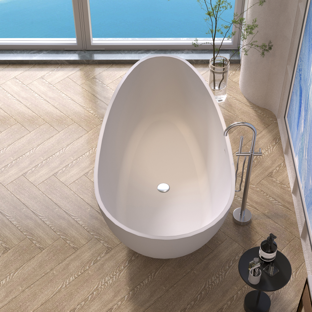 71 in. x 35 in. Stone Resin Flatbottom Solid Surface Freestanding Soaking Bathtub with Brass Drain in White