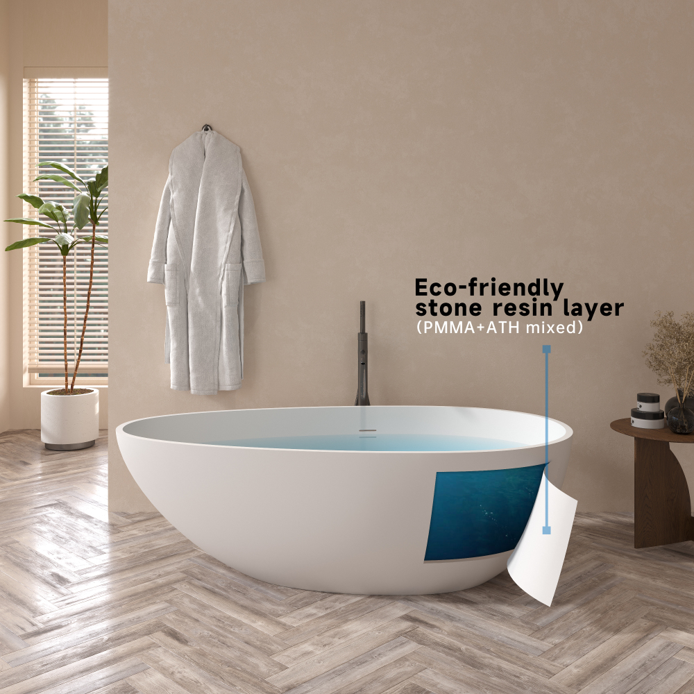 71 in. x 35 in. Stone Resin Flatbottom Solid Surface Freestanding Soaking Bathtub with Brass Drain in White