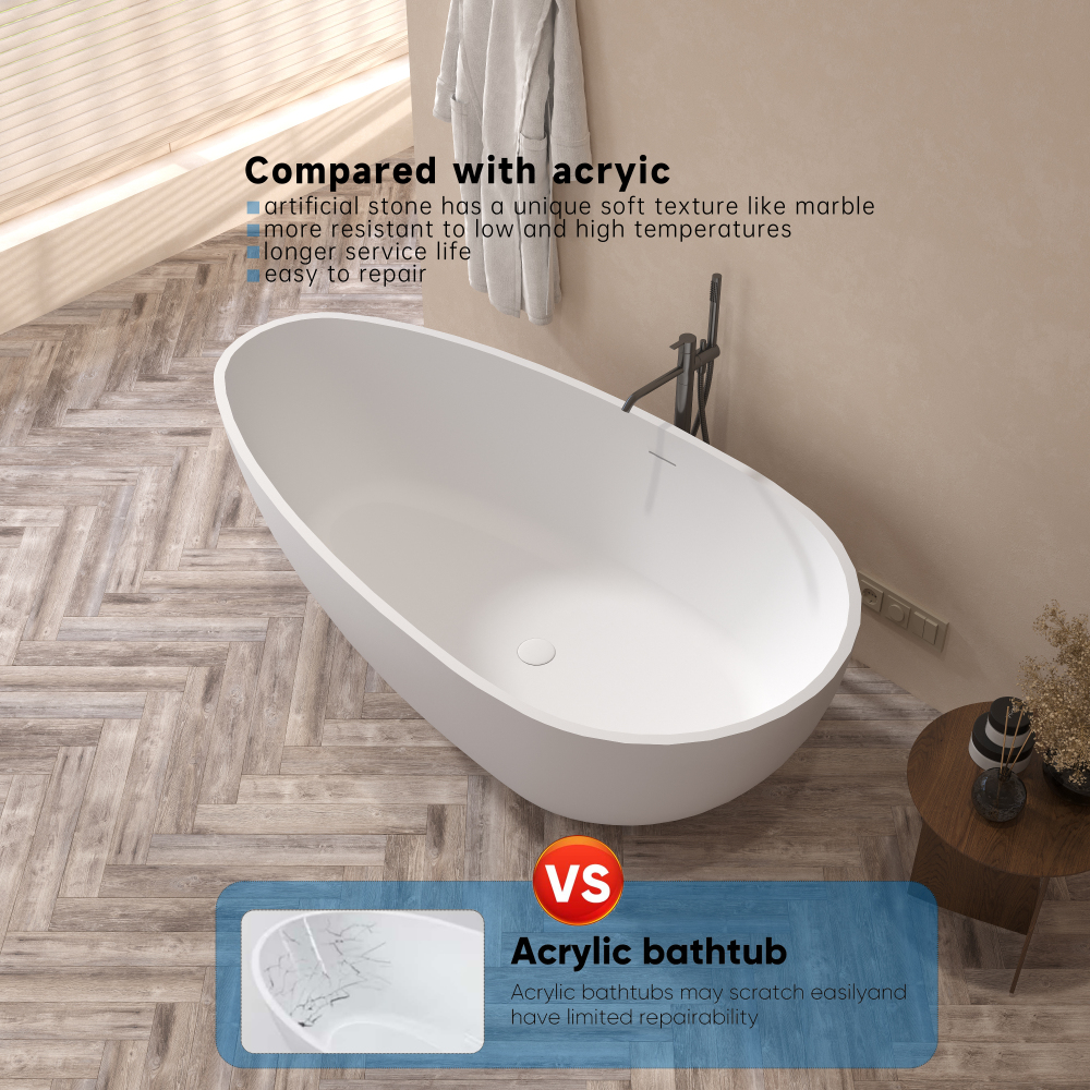 67 in. x 34 in. Solid Surface Stone Resin Flatbottom Freestanding Bathtub Soaking Bathtub in Matte White