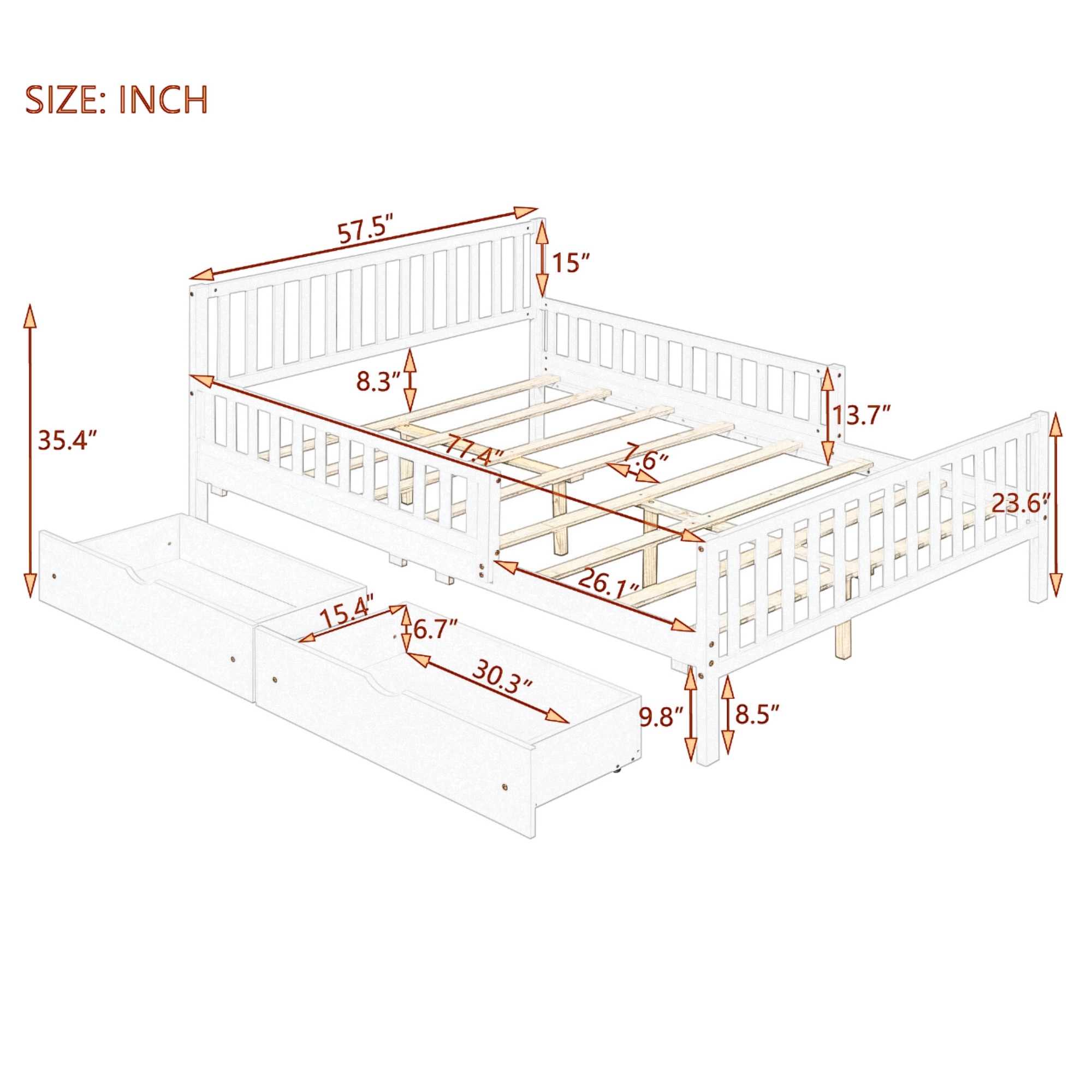 77.4"L x 57.5"W x 35.4"H Full Size Wood Platform Bed with Guardrails and Two Storage Drawers, Walnut