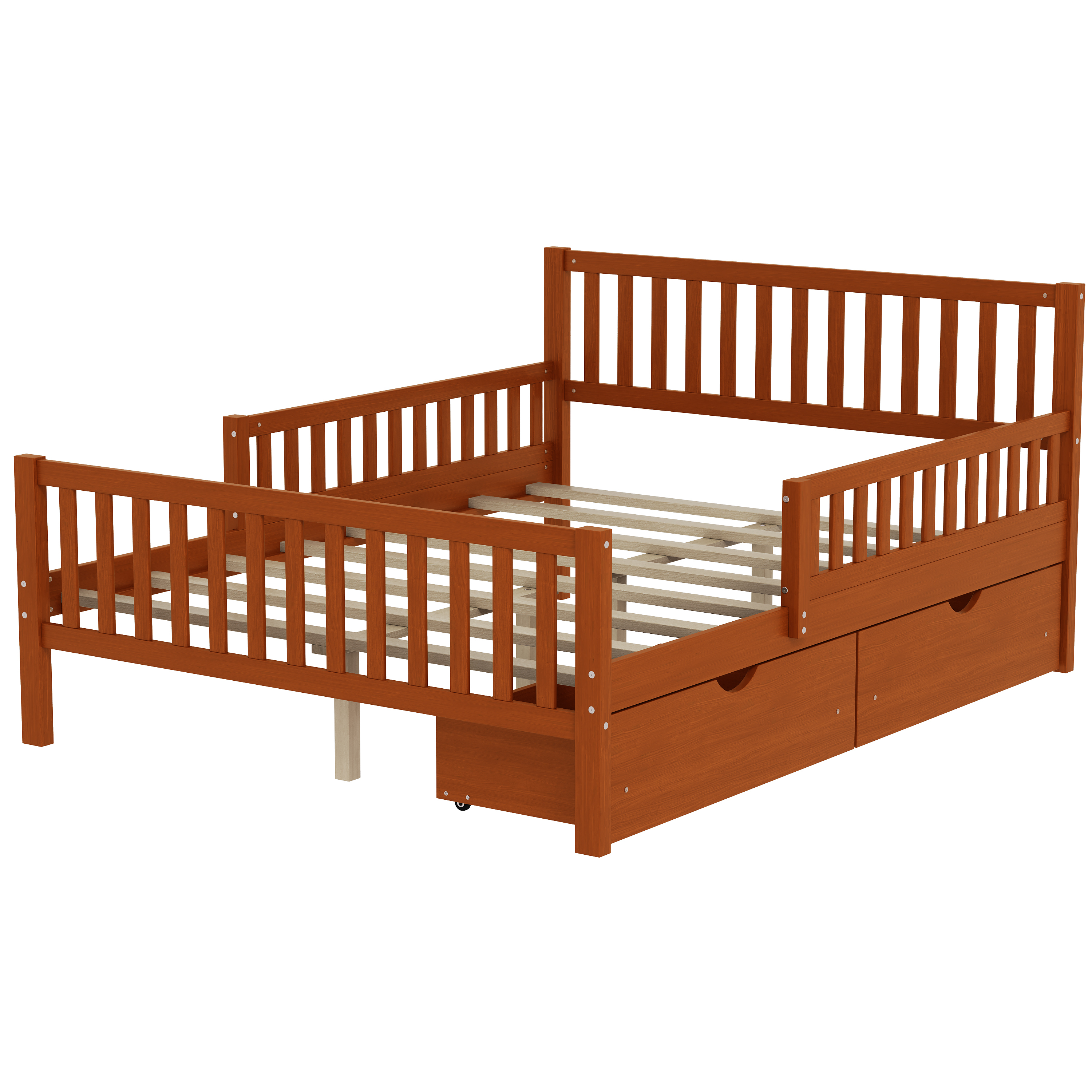77.4"L x 57.5"W x 35.4"H Full Size Wood Platform Bed with Guardrails and Two Storage Drawers, Walnut