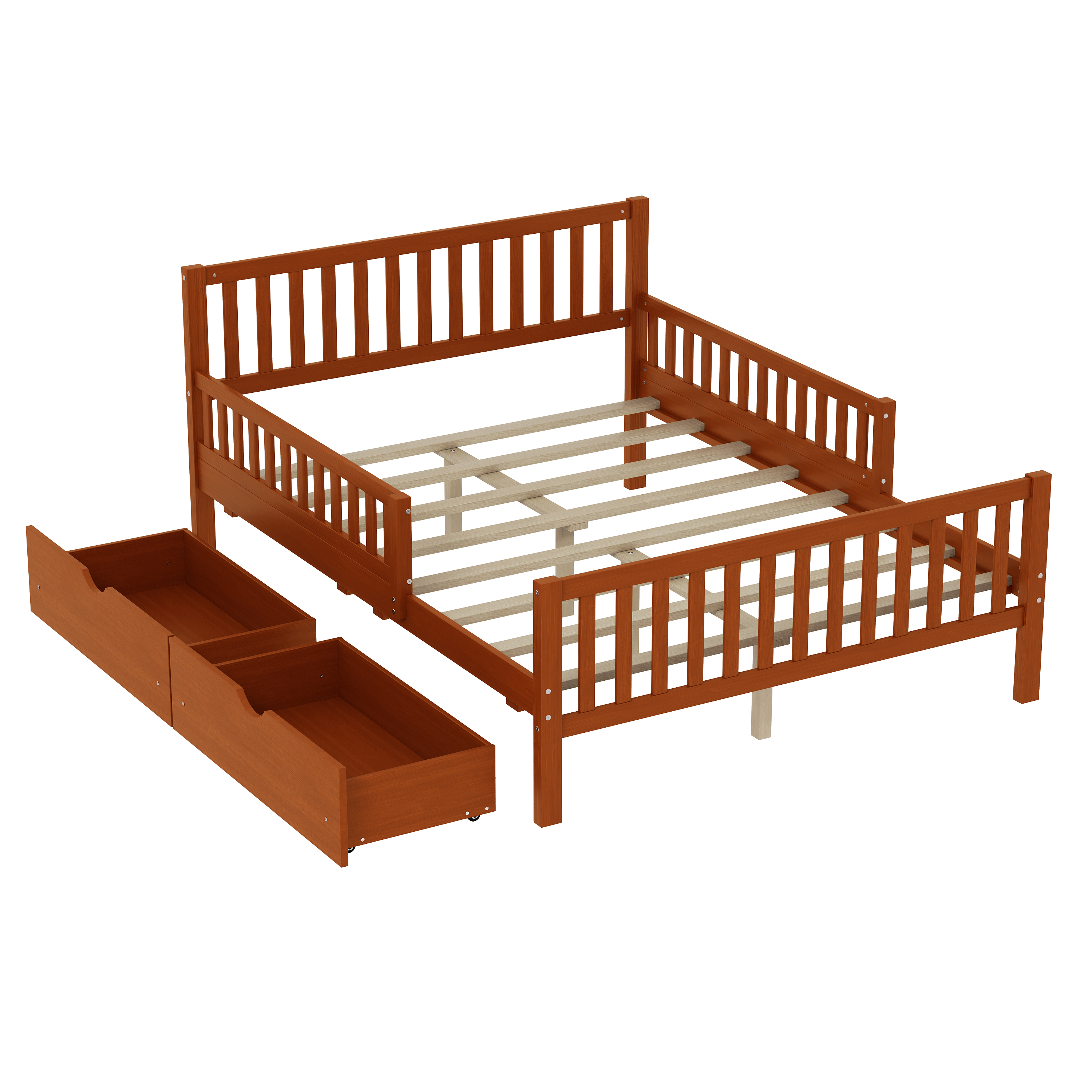 77.4"L x 57.5"W x 35.4"H Full Size Wood Platform Bed with Guardrails and Two Storage Drawers, Walnut