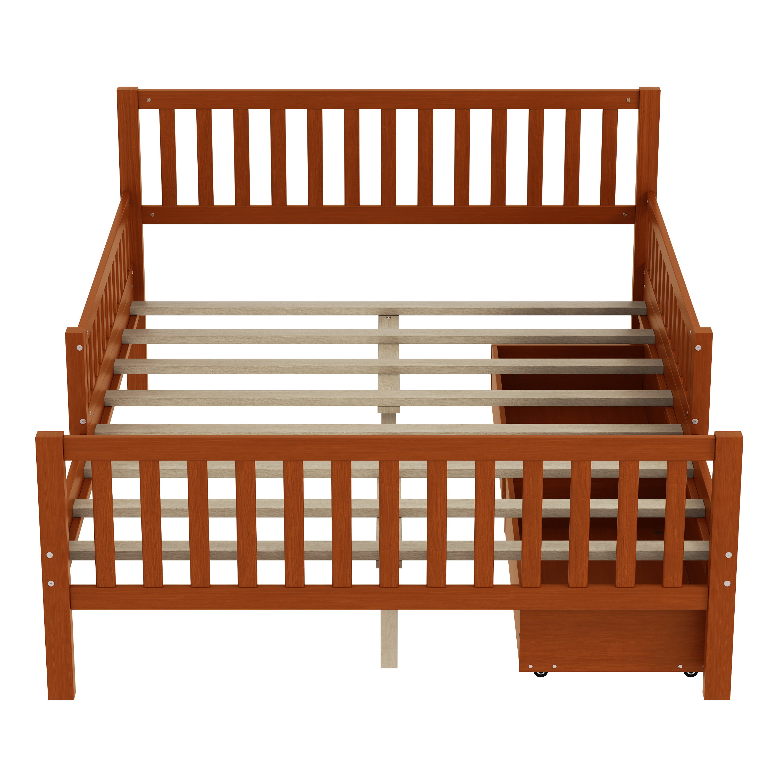 77.4"L x 57.5"W x 35.4"H Full Size Wood Platform Bed with Guardrails and Two Storage Drawers, Walnut