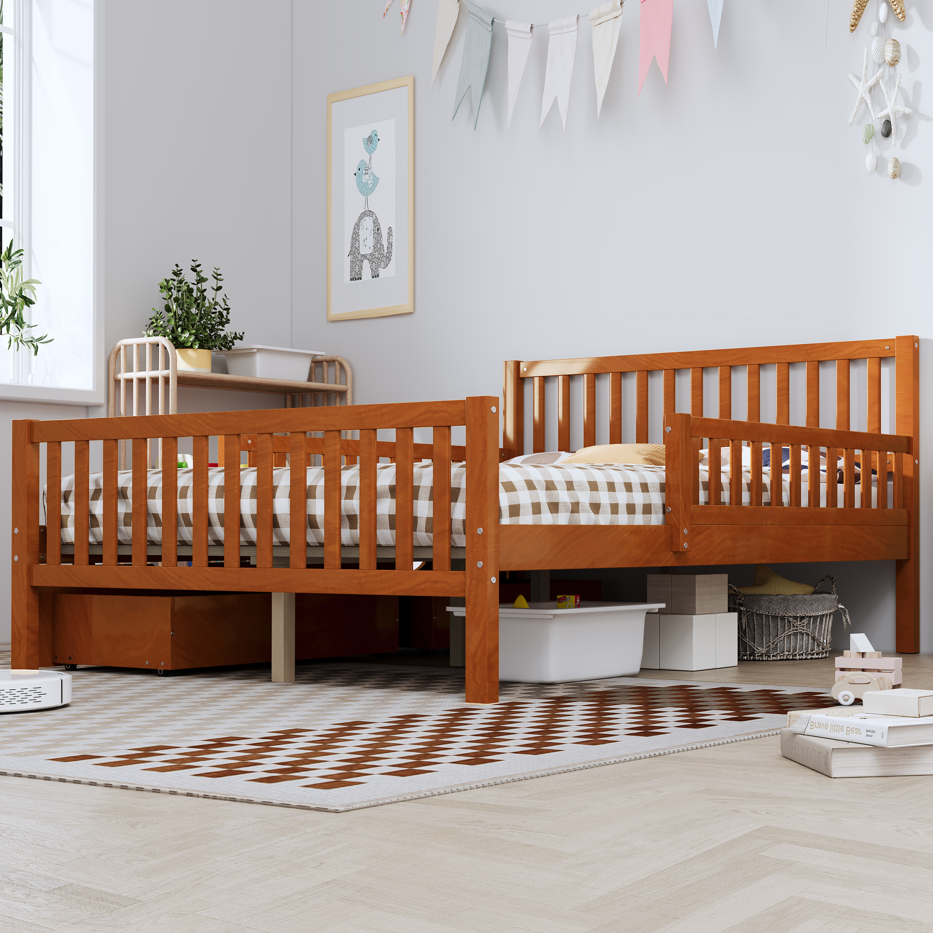 77.4"L x 57.5"W x 35.4"H Full Size Wood Platform Bed with Guardrails and Two Storage Drawers, Walnut