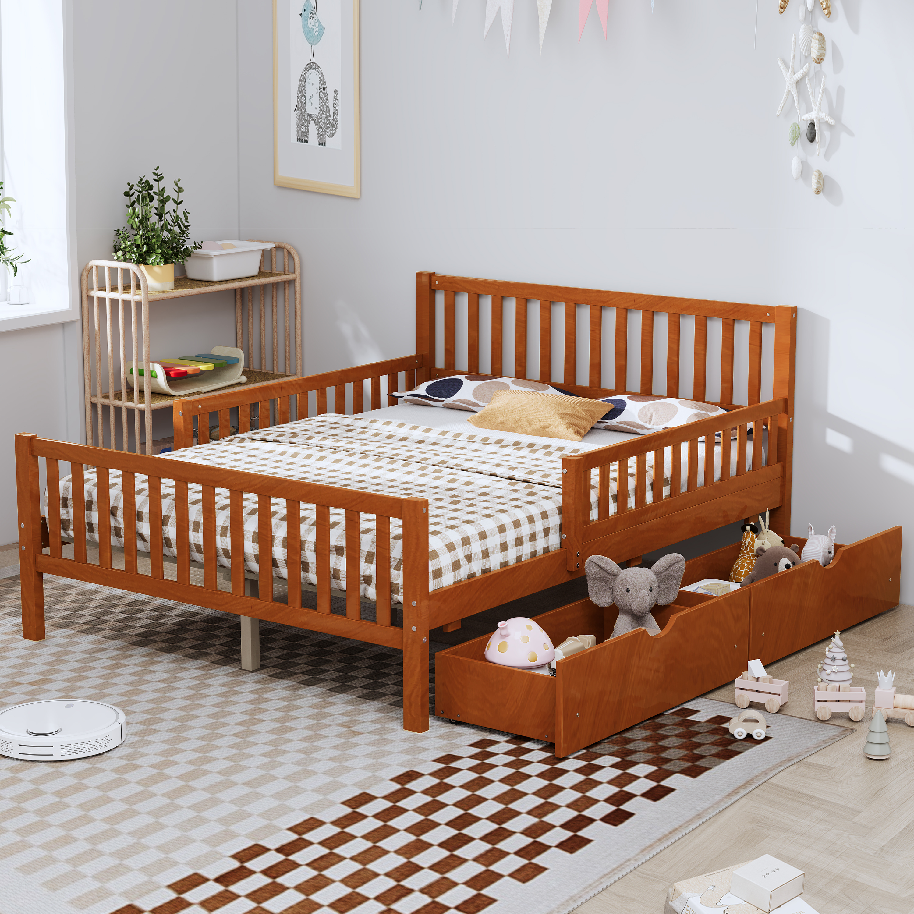77.4"L x 57.5"W x 35.4"H Full Size Wood Platform Bed with Guardrails and Two Storage Drawers, Walnut