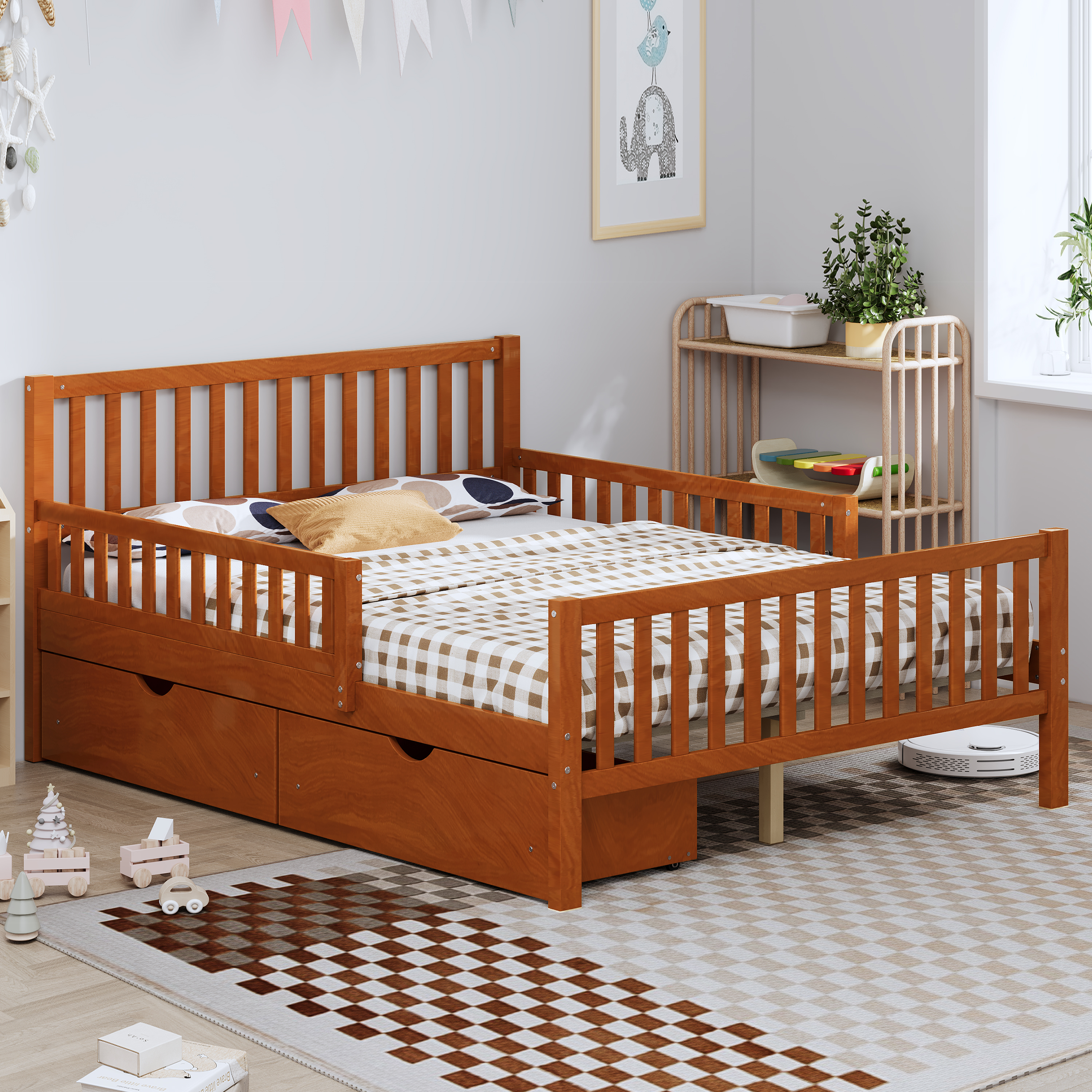 77.4"L x 57.5"W x 35.4"H Full Size Wood Platform Bed with Guardrails and Two Storage Drawers, Walnut