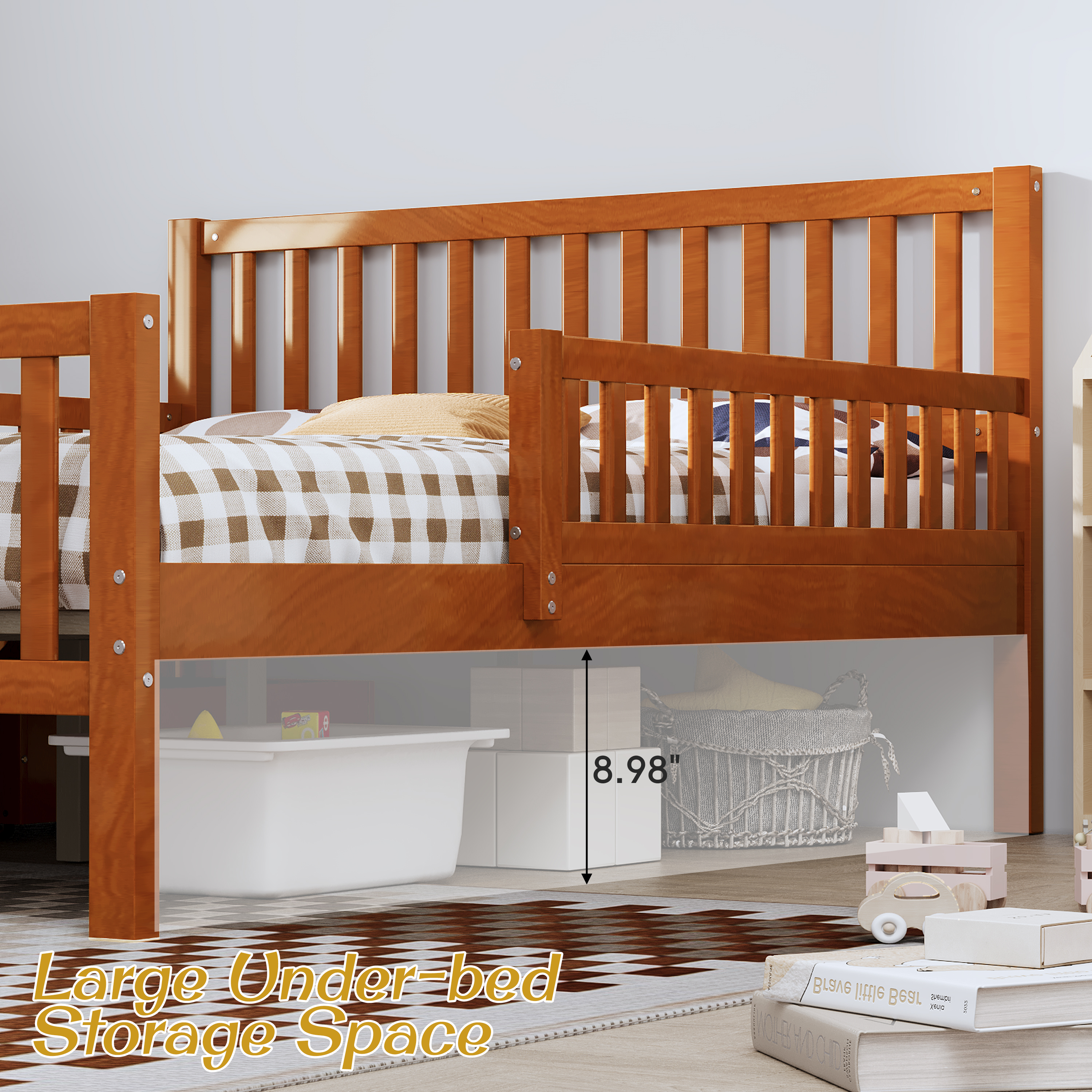 77.4"L x 57.5"W x 35.4"H Full Size Wood Platform Bed with Guardrails and Two Storage Drawers, Walnut