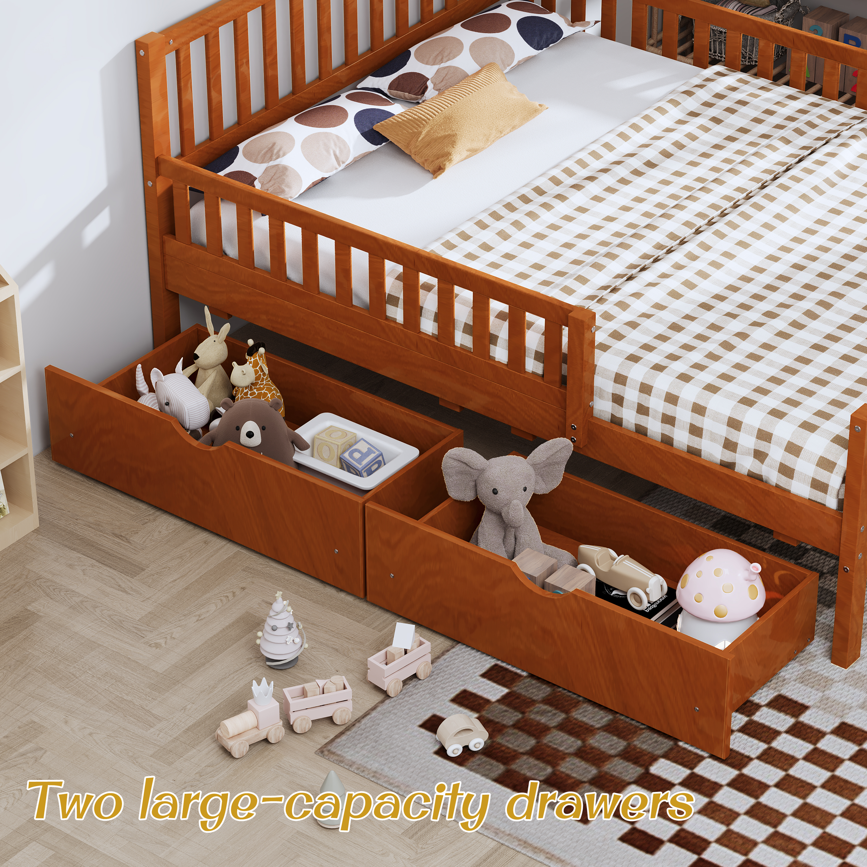 77.4"L x 57.5"W x 35.4"H Full Size Wood Platform Bed with Guardrails and Two Storage Drawers, Walnut