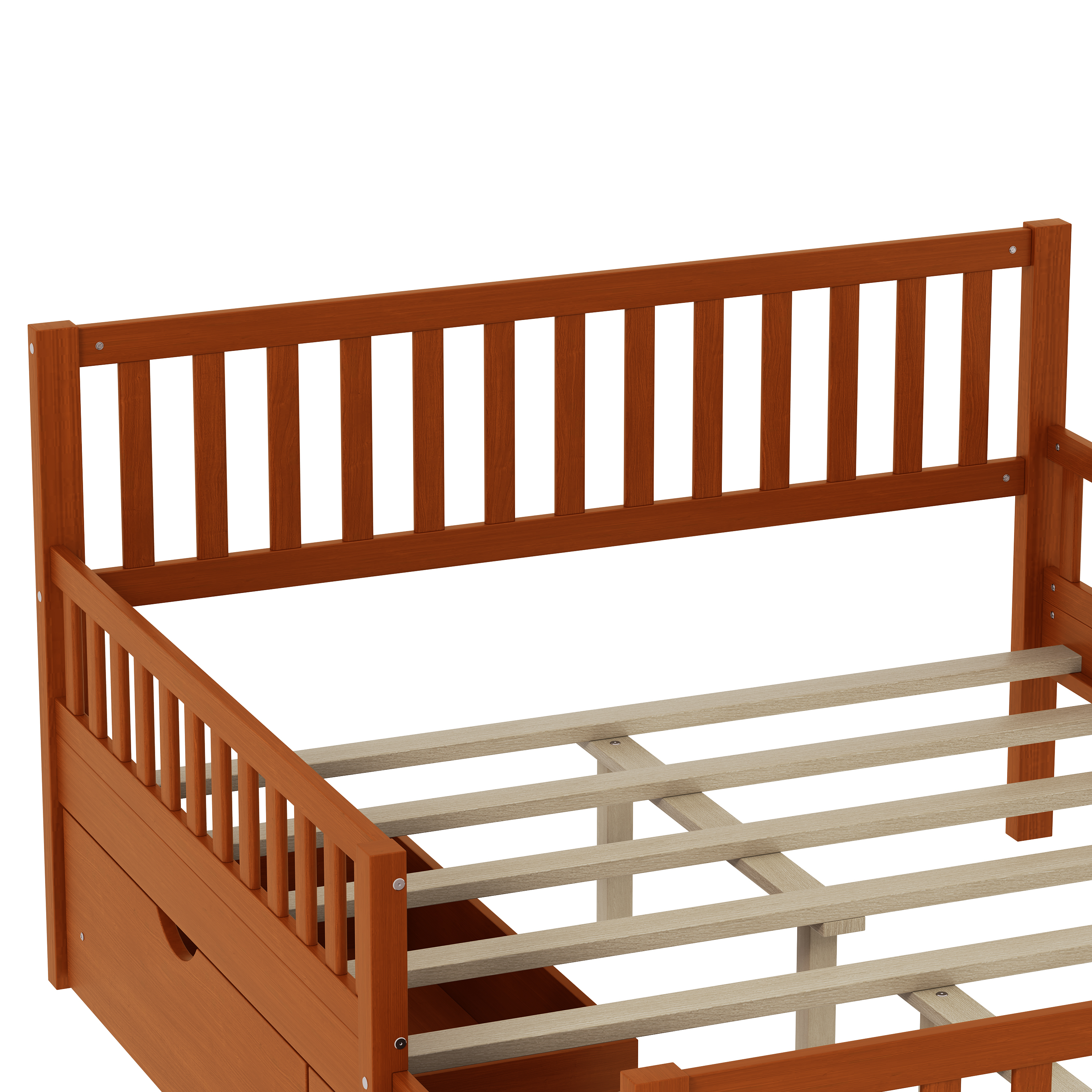 77.4"L x 57.5"W x 35.4"H Full Size Wood Platform Bed with Guardrails and Two Storage Drawers, Walnut