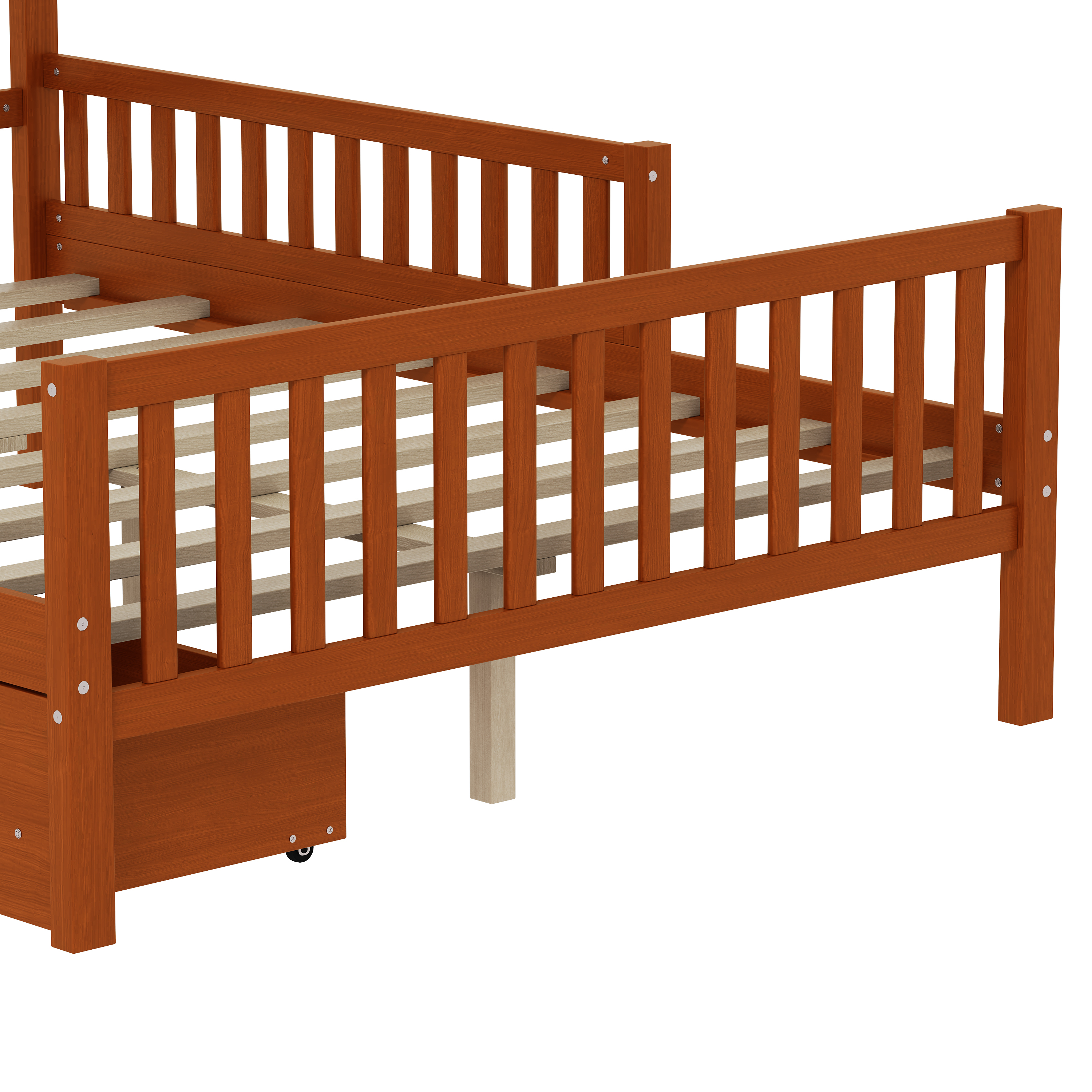 77.4"L x 57.5"W x 35.4"H Full Size Wood Platform Bed with Guardrails and Two Storage Drawers, Walnut