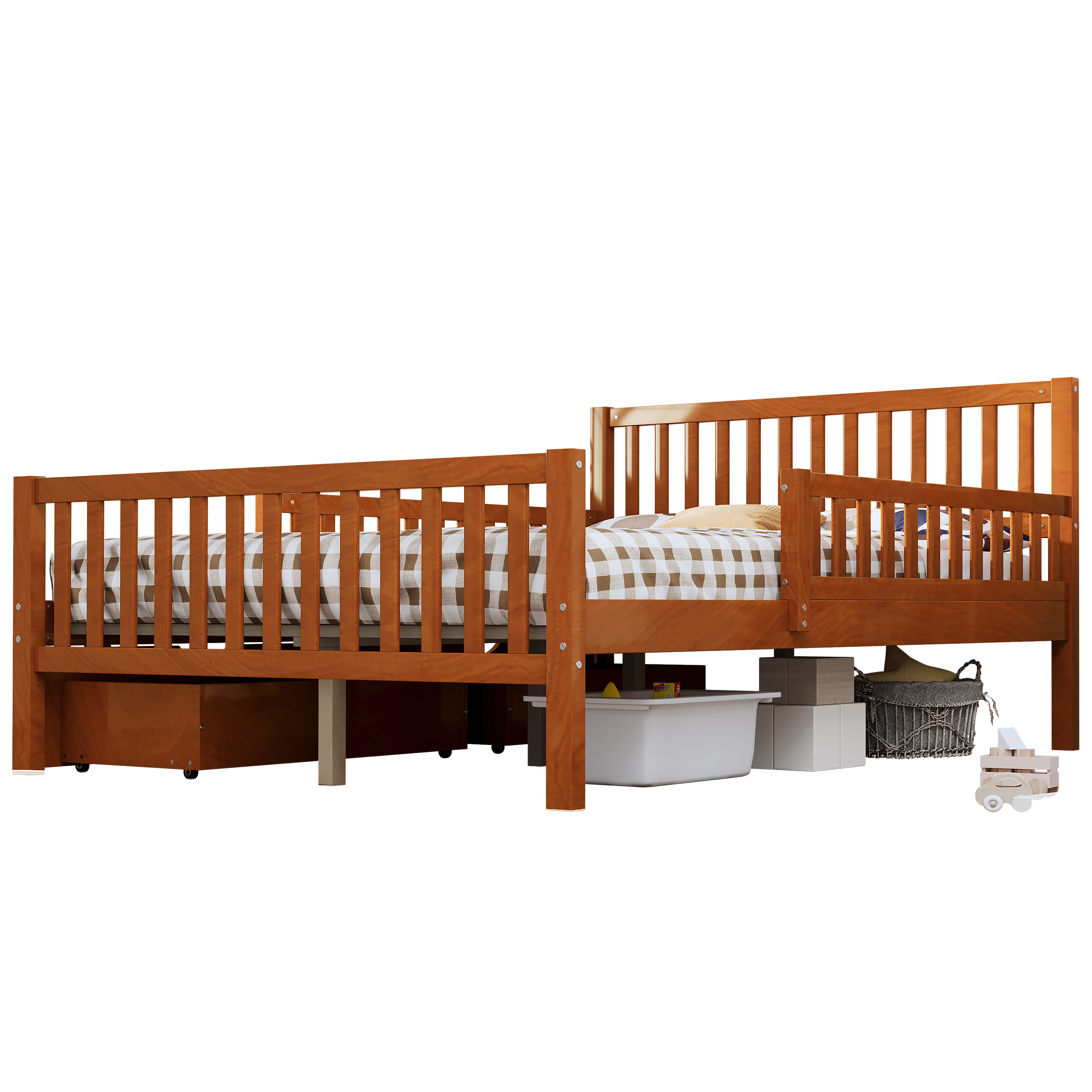 77.4"L x 57.5"W x 35.4"H Full Size Wood Platform Bed with Guardrails and Two Storage Drawers, Walnut