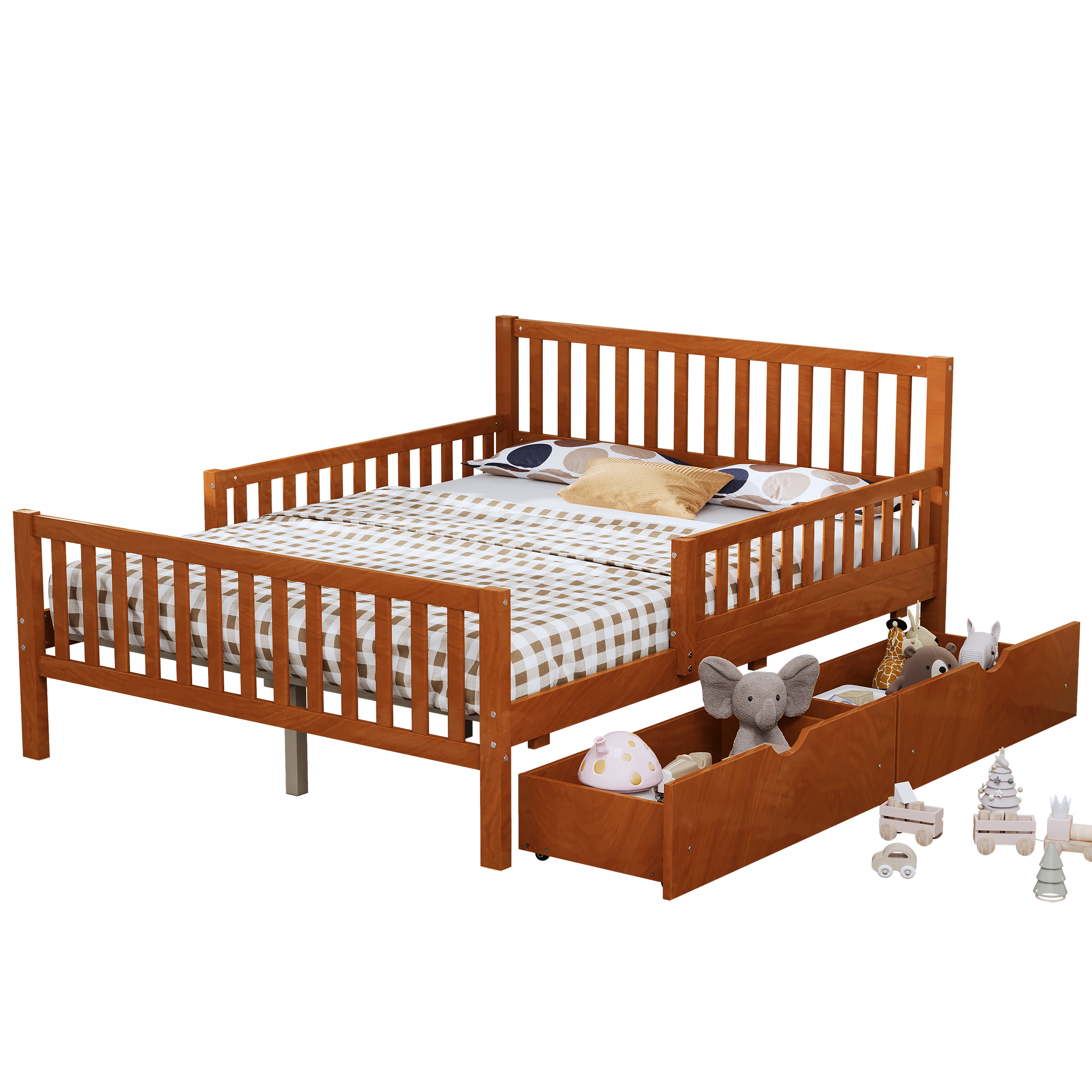 77.4"L x 57.5"W x 35.4"H Full Size Wood Platform Bed with Guardrails and Two Storage Drawers, Walnut