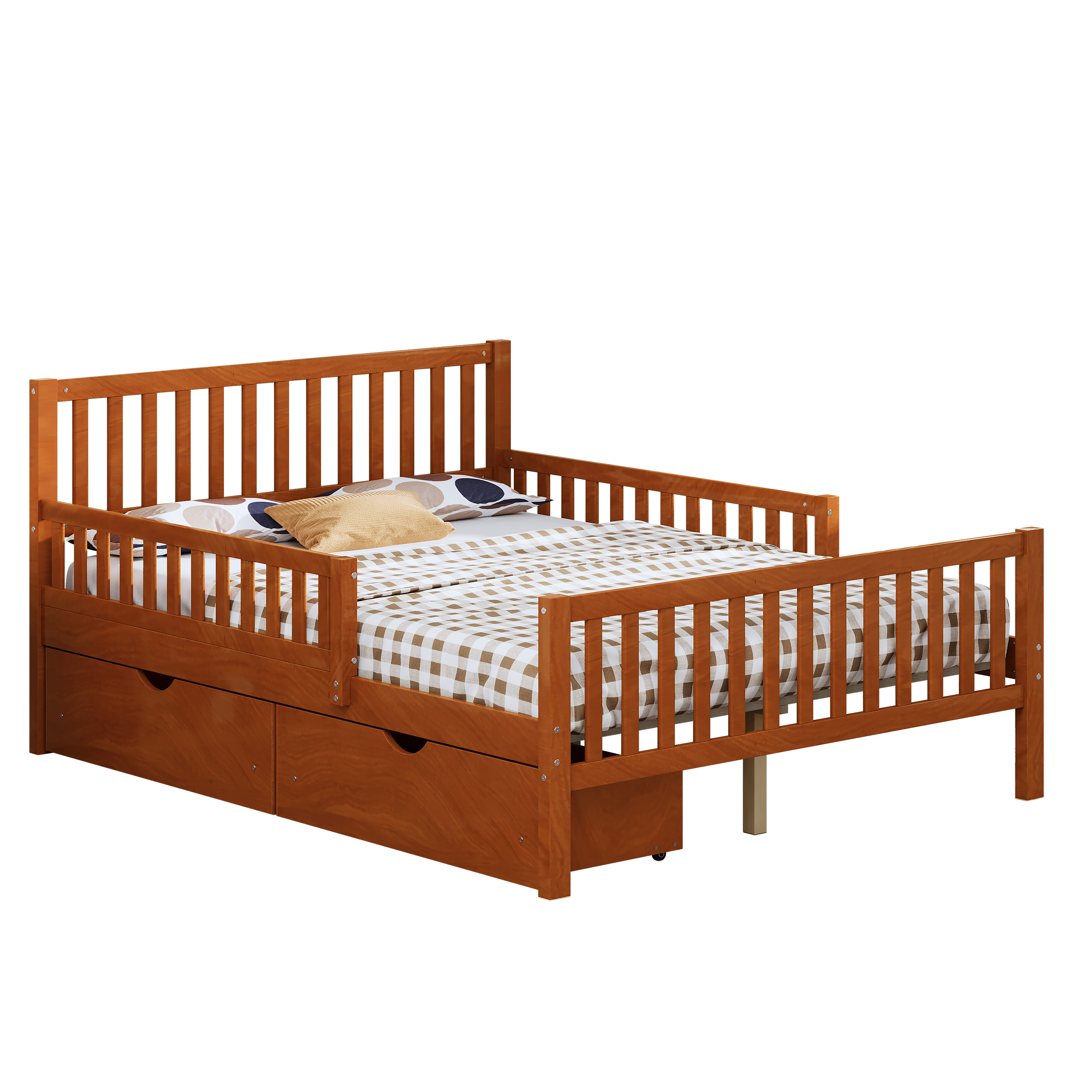 77.4"L x 57.5"W x 35.4"H Full Size Wood Platform Bed with Guardrails and Two Storage Drawers, Walnut