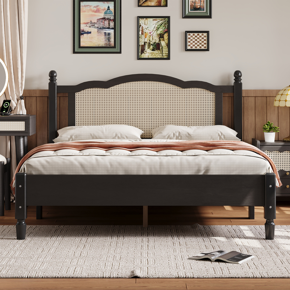 80"L x  62.8"W x 42.9"H Queen Size Wooden Platform Bed with Natural Rattan Headboard, Black