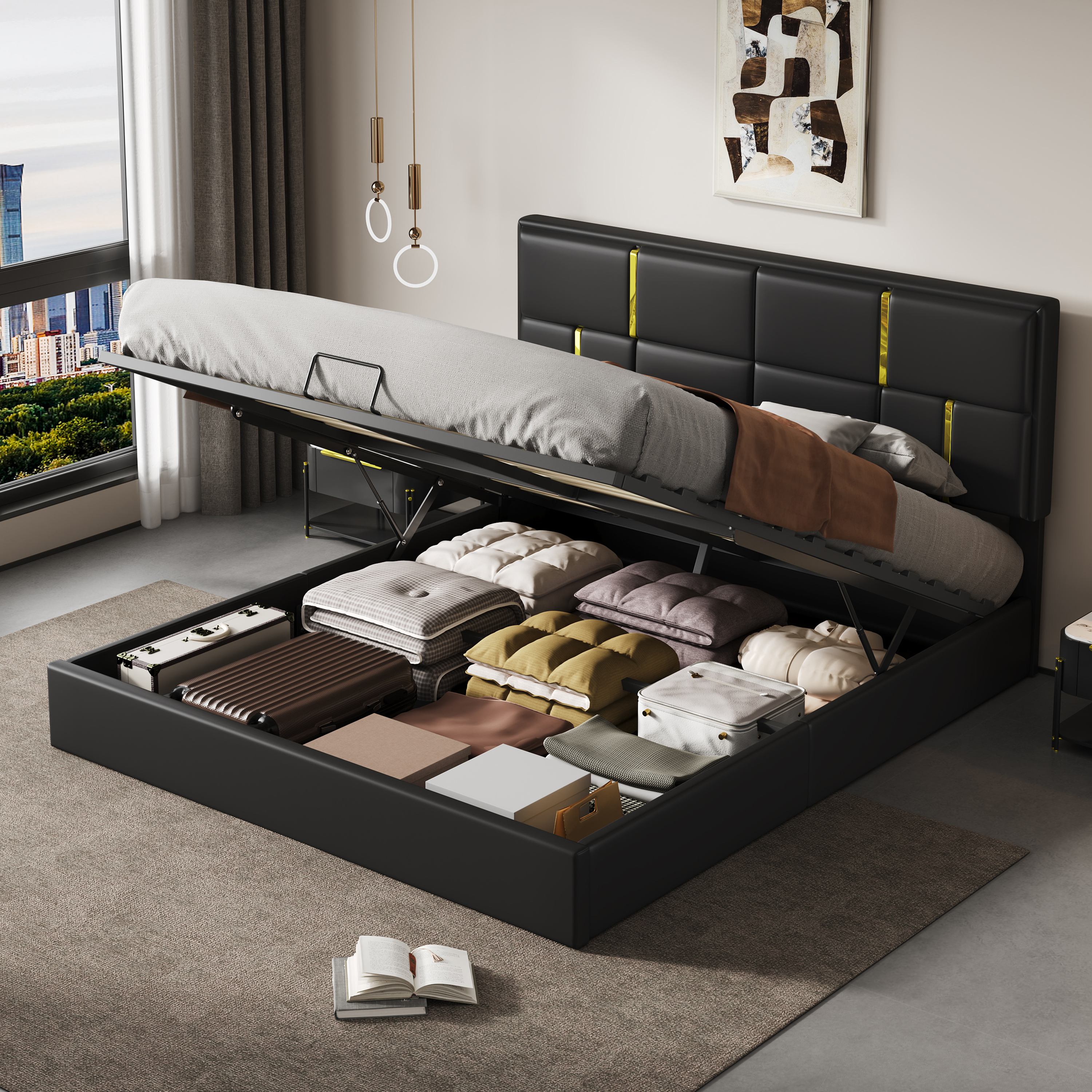 85.2"L x 64.6"W x 40.7"H Queen Size Upholstered Platform Bed with Hydraulic Storage System, No Box Spring Needed, Black