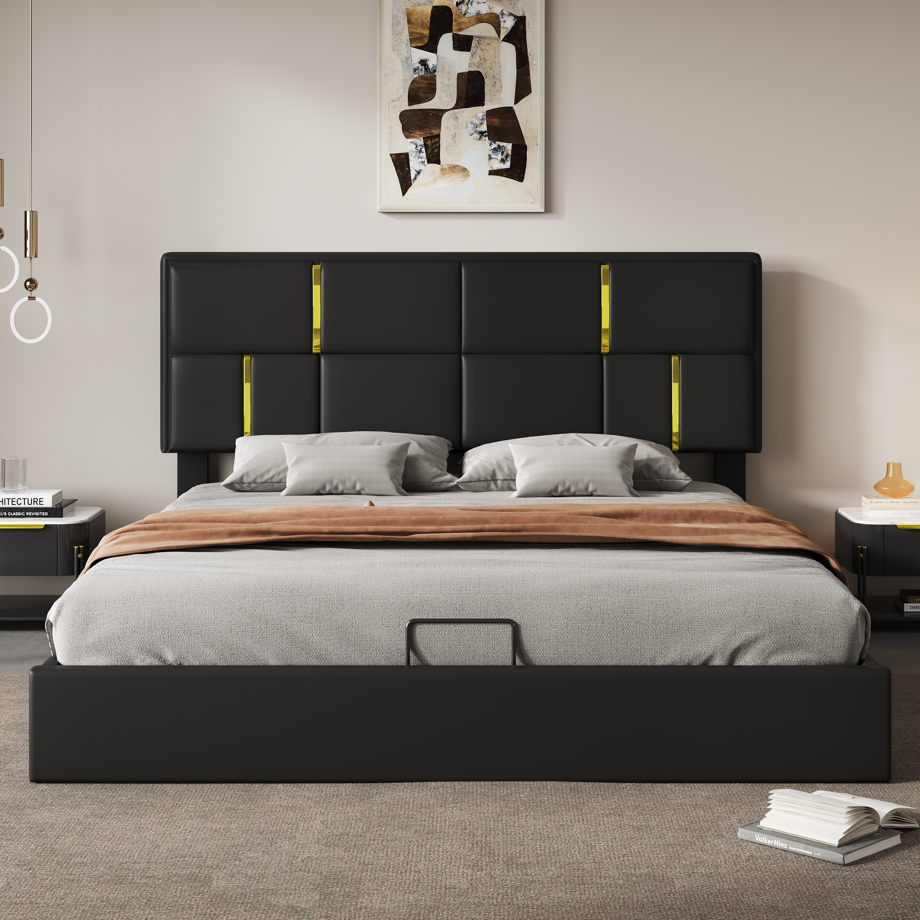85.2"L x 64.6"W x 40.7"H Queen Size Upholstered Platform Bed with Hydraulic Storage System, No Box Spring Needed, Black