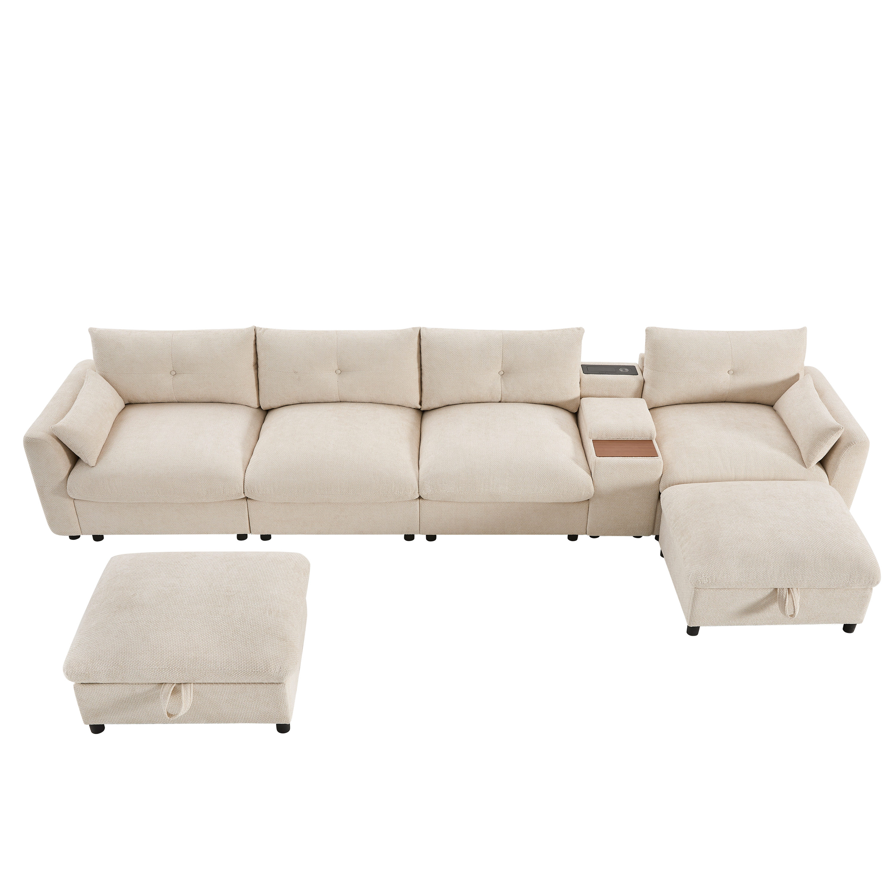 142'' Modular Sectional Sofa with Movable Storage Ottoman and Console,Cup Holder,Wide Seat,6 Seat U Shaped Couch,Oversized Chenille Sofa with USB Charger, White