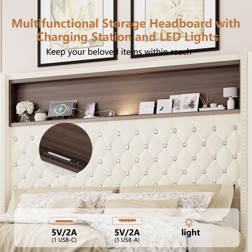 84.6"L x 63.7"W x 51.9"H Queen Size Velvet Tufted Soft Bed Frame, 52"High Headboard, USB Port and Night Light, Shelf, Beige