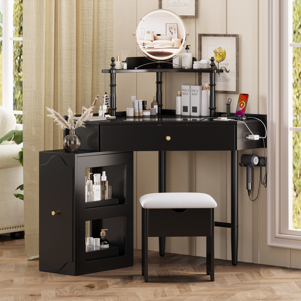Corner Vanity Desk Set with Storage Cushioned Stool and Charging Station, Removable Pull-Out Side Cabinet, Drawer and Shelf, Black