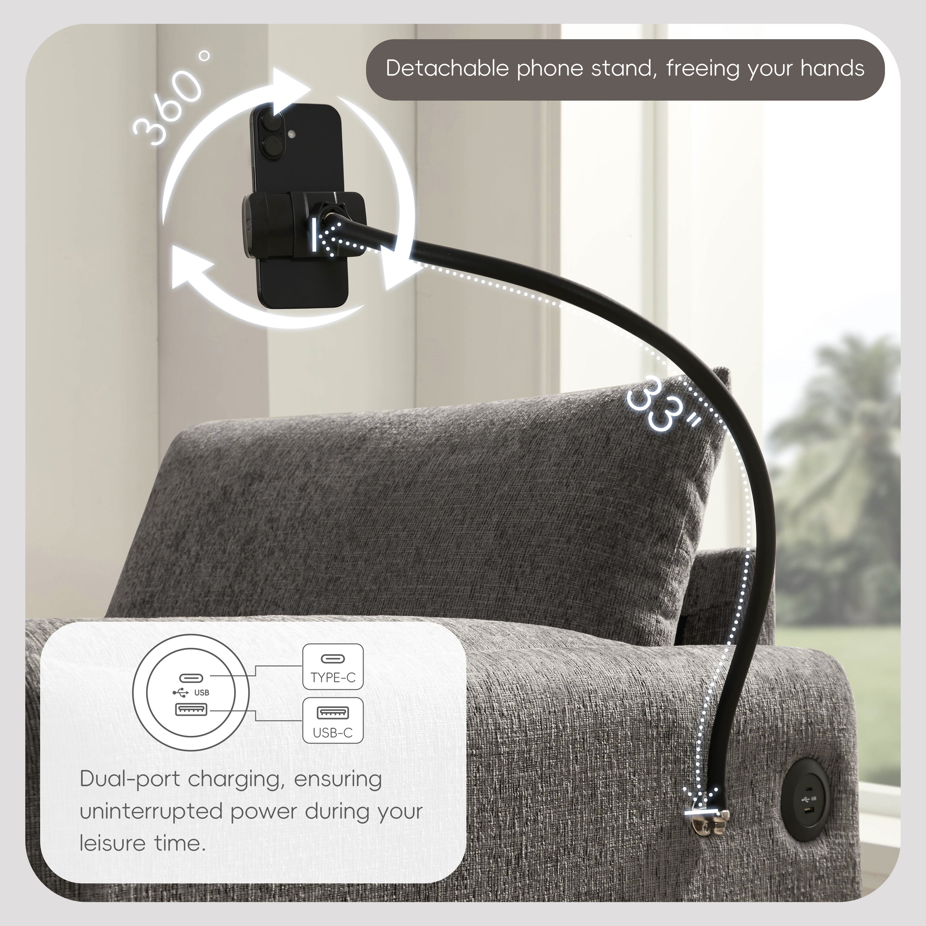 38" Single Sofa with Storage Ottoman, Adjustable Phone Holder, USB Charger, Side Storage Pockets, Pillow-Like Armrests, Wide Seat Chaise Lounge, Gray