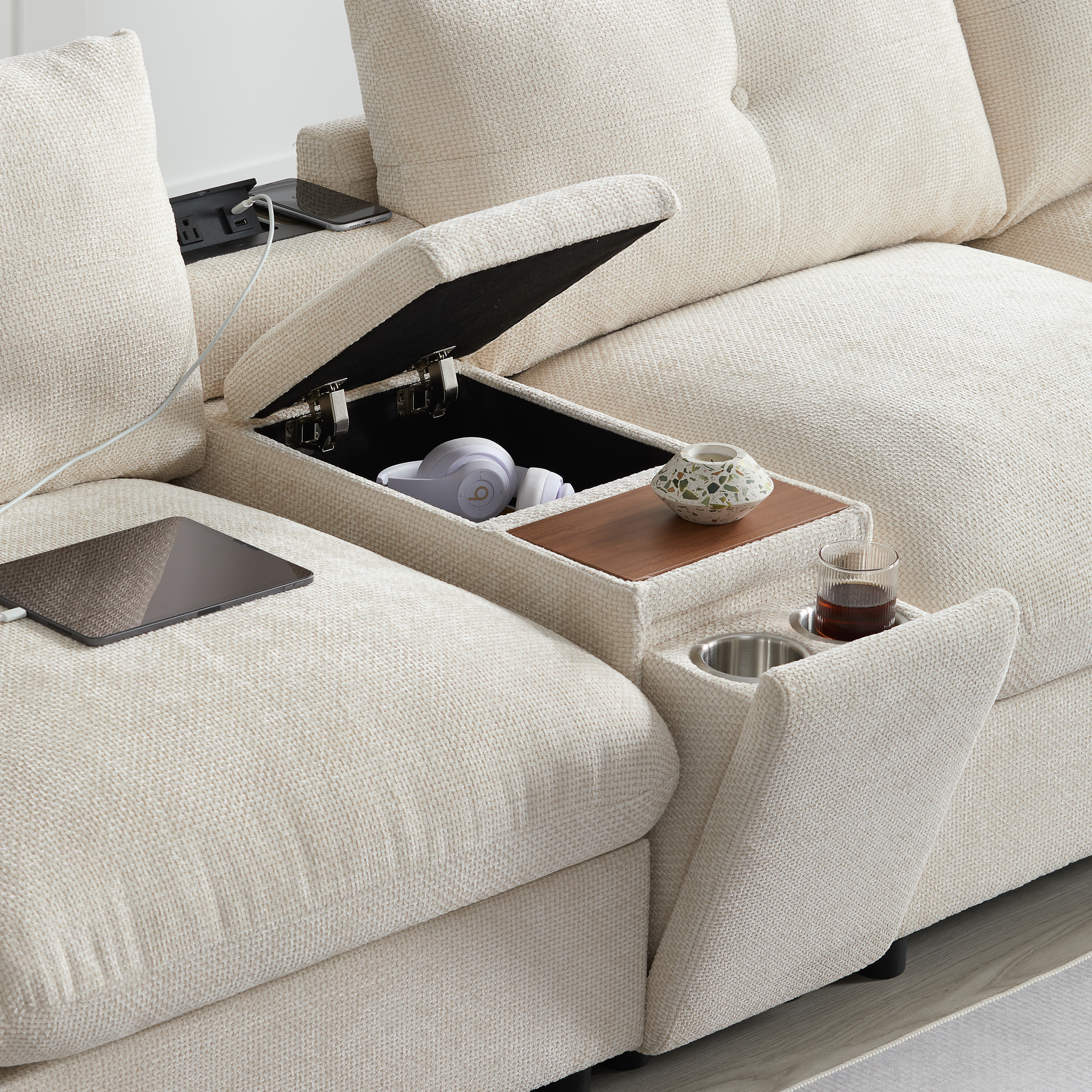 142'' Modular Sectional Sofa with Movable Storage Ottoman and Console,Cup Holder,Wide Seat,6 Seat U Shaped Couch,Oversized Chenille Sofa with USB Charger, White