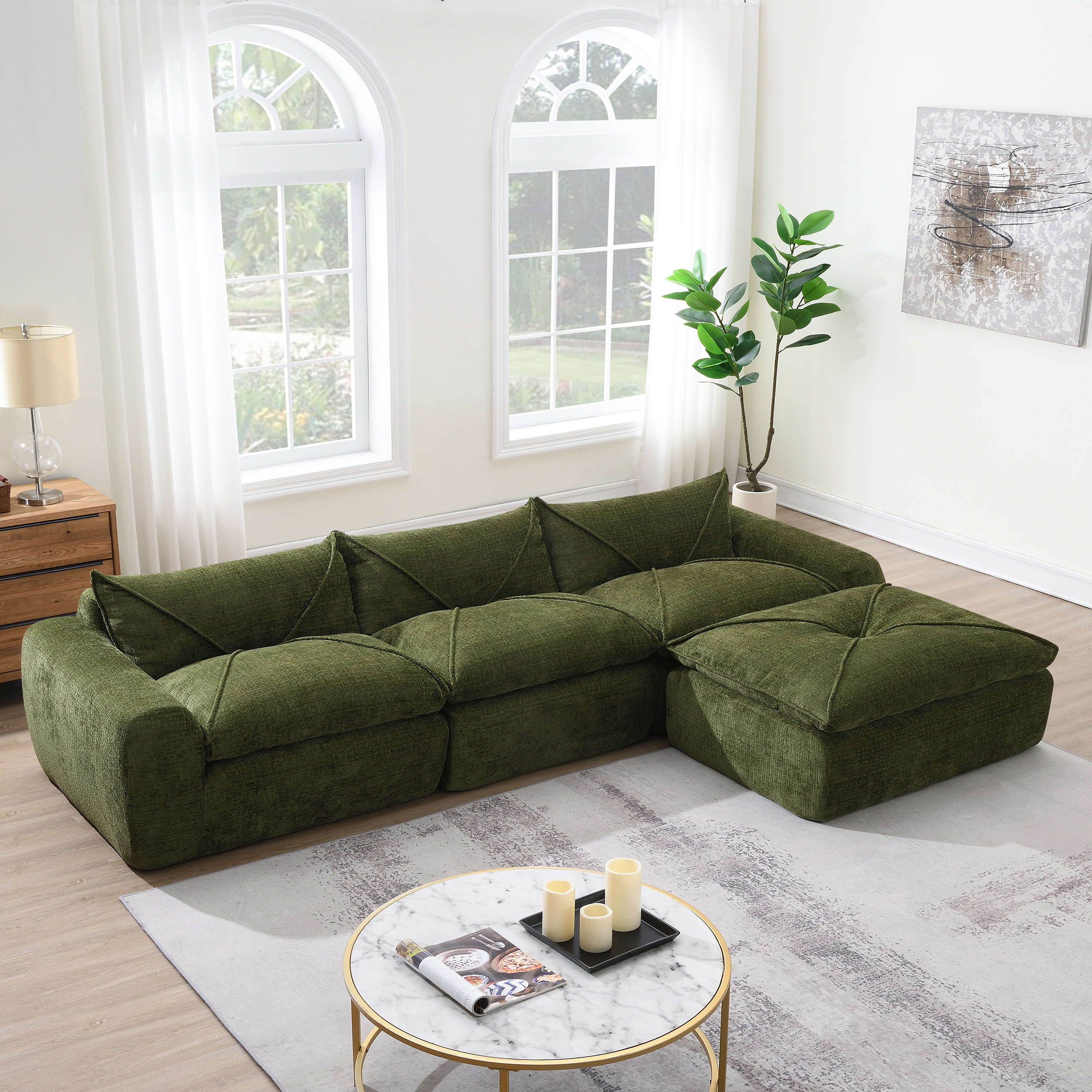 116'' Fully Compressed Sofa with High Density Foam, Integrated Backrest&Seat Cushion, Decorative Edging, Legless Design without Frame, Green