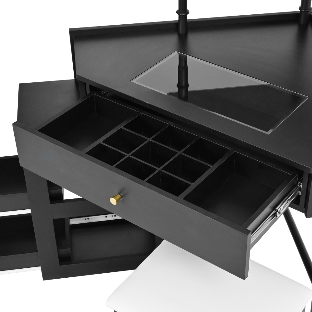 Corner Vanity Desk Set with Storage Cushioned Stool and Charging Station, Removable Pull-Out Side Cabinet, Drawer and Shelf, Black
