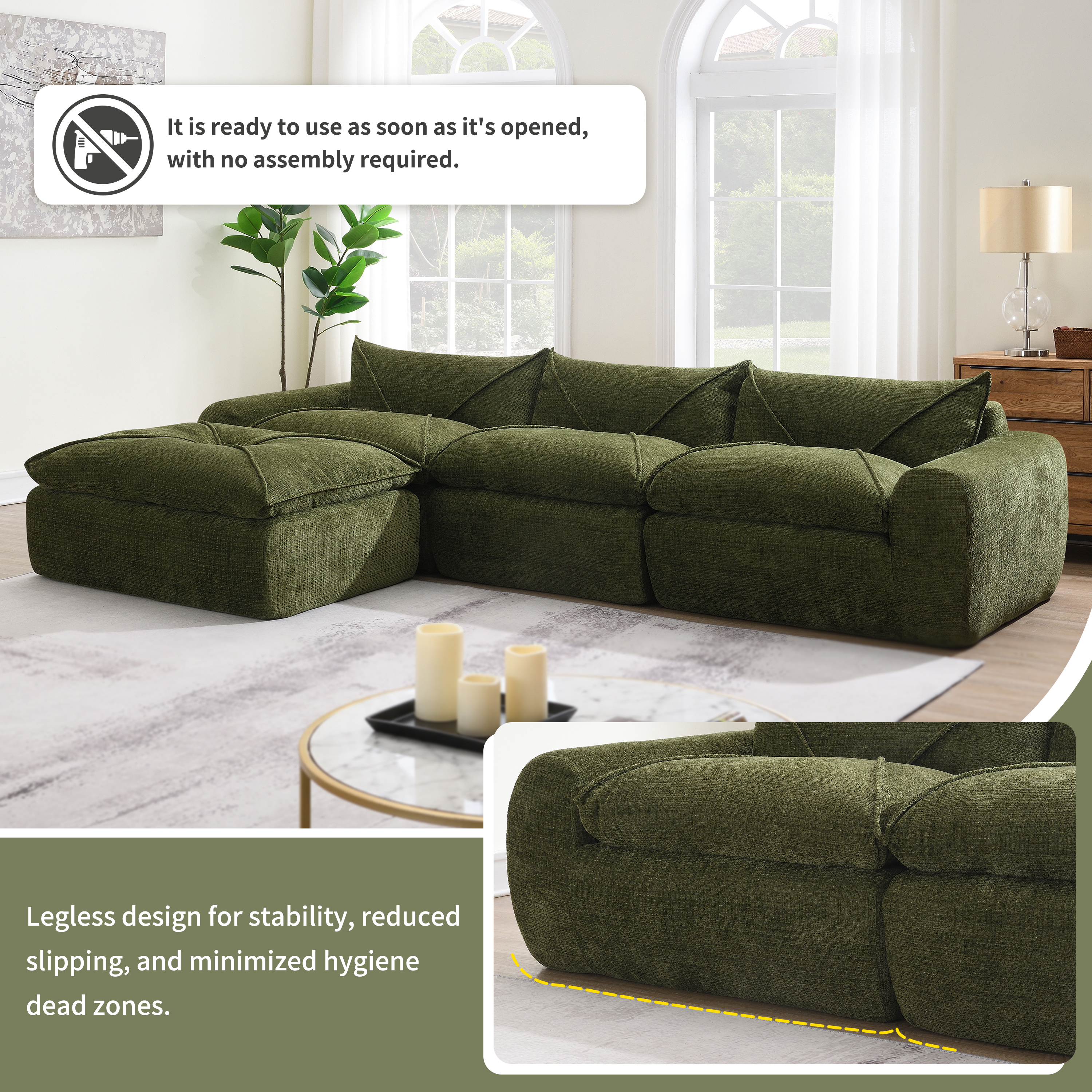 116'' Fully Compressed Sofa with High Density Foam, Integrated Backrest&Seat Cushion, Decorative Edging, Legless Design without Frame, Green