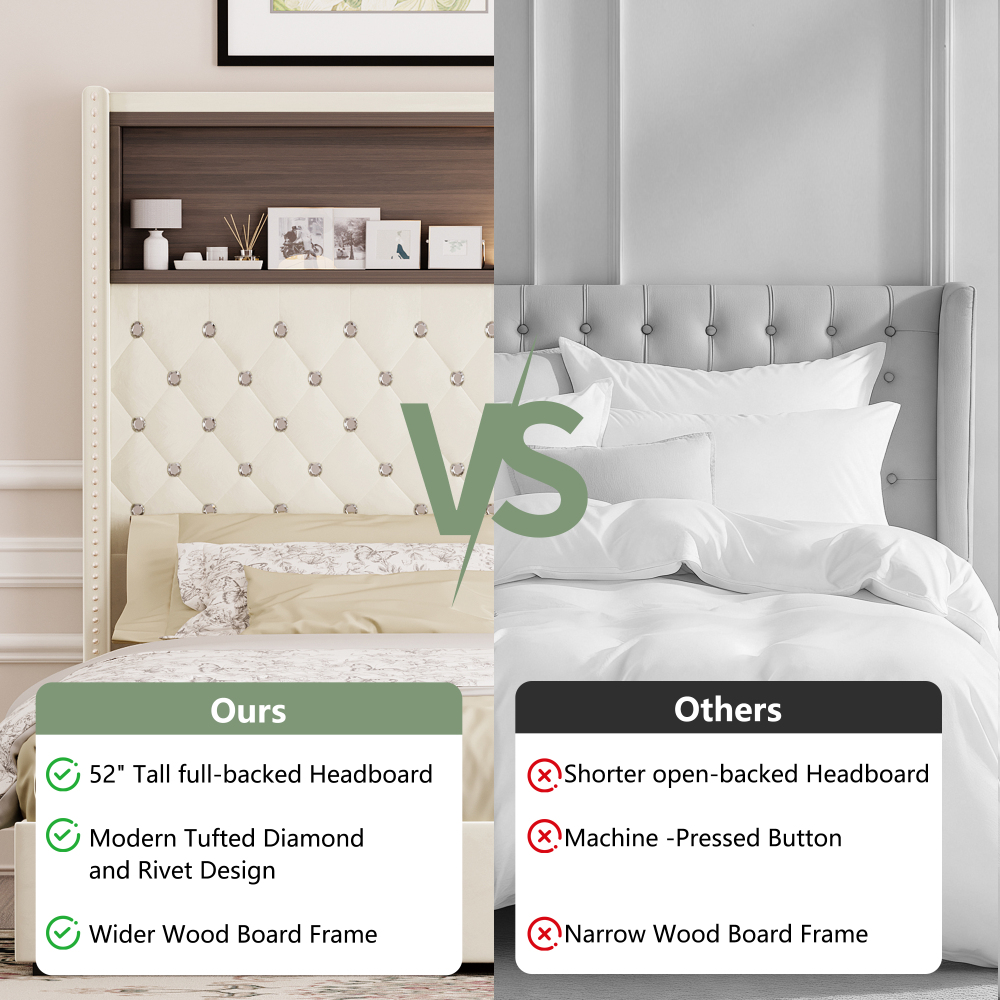 84.6"L x 63.7"W x 51.9"H Queen Size Velvet Tufted Soft Bed Frame, 52"High Headboard, USB Port and Night Light, Shelf, Beige
