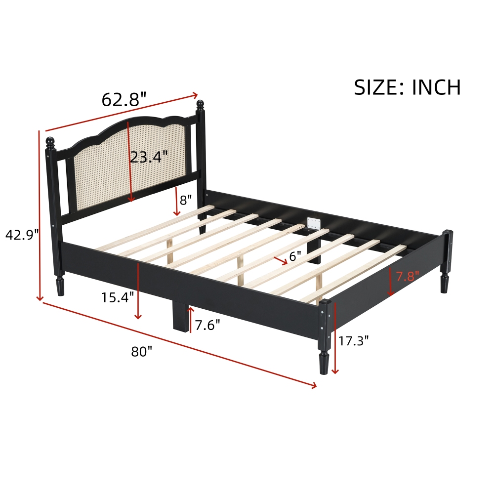 80"L x  62.8"W x 42.9"H Queen Size Wooden Platform Bed with Natural Rattan Headboard, Black