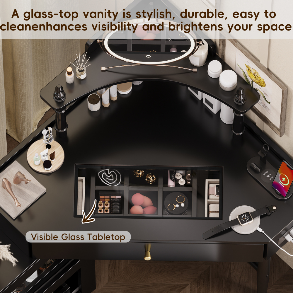 Corner Vanity Desk Set with Storage Cushioned Stool and Charging Station, Removable Pull-Out Side Cabinet, Drawer and Shelf, Black