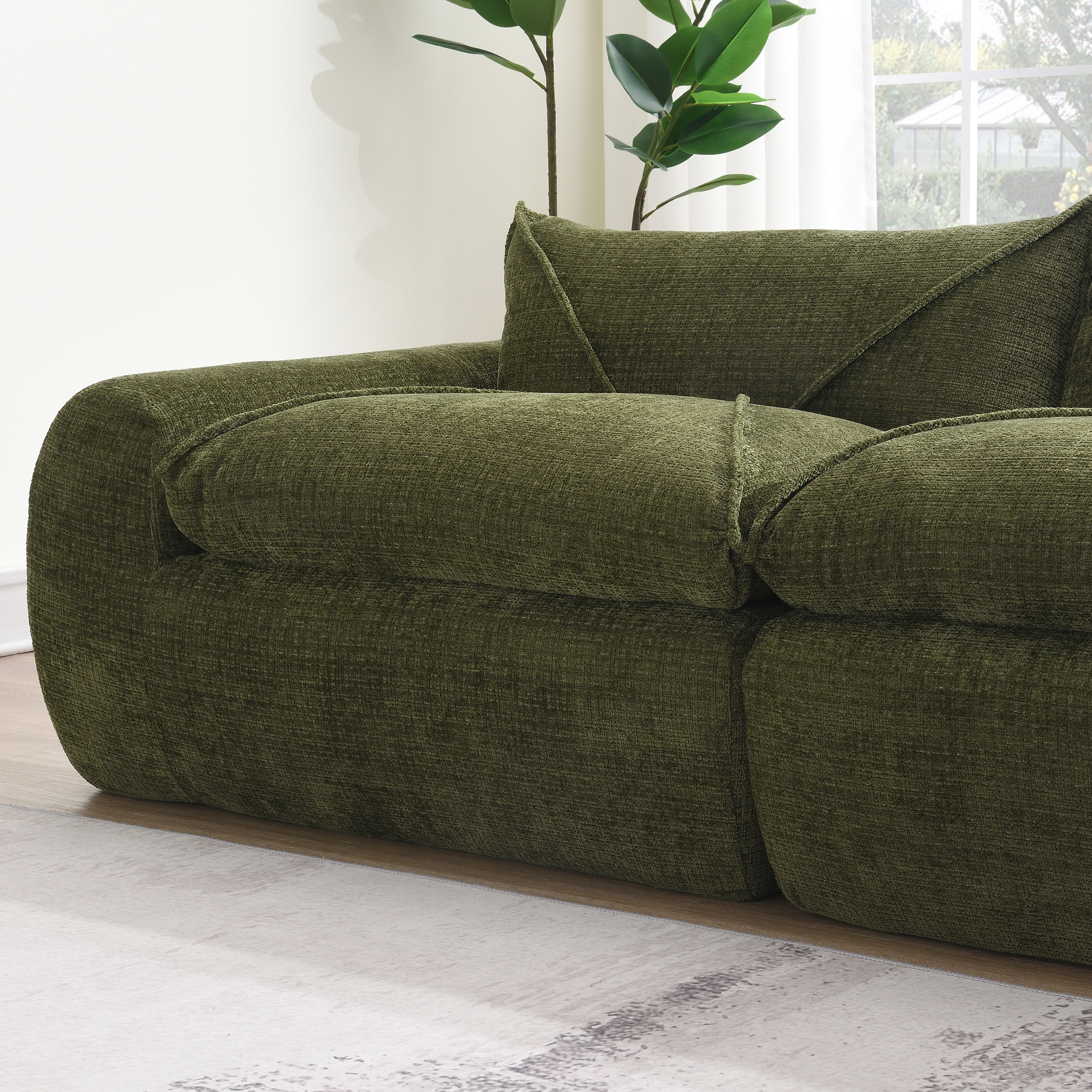 116'' Fully Compressed Sofa with High Density Foam, Integrated Backrest&Seat Cushion, Decorative Edging, Legless Design without Frame, Green