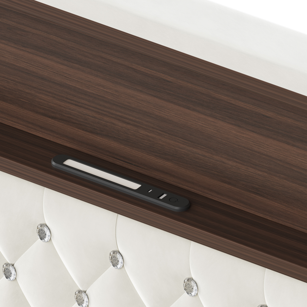 84.6"L x 63.7"W x 51.9"H Queen Size Velvet Tufted Soft Bed Frame, 52"High Headboard, USB Port and Night Light, Shelf, Beige