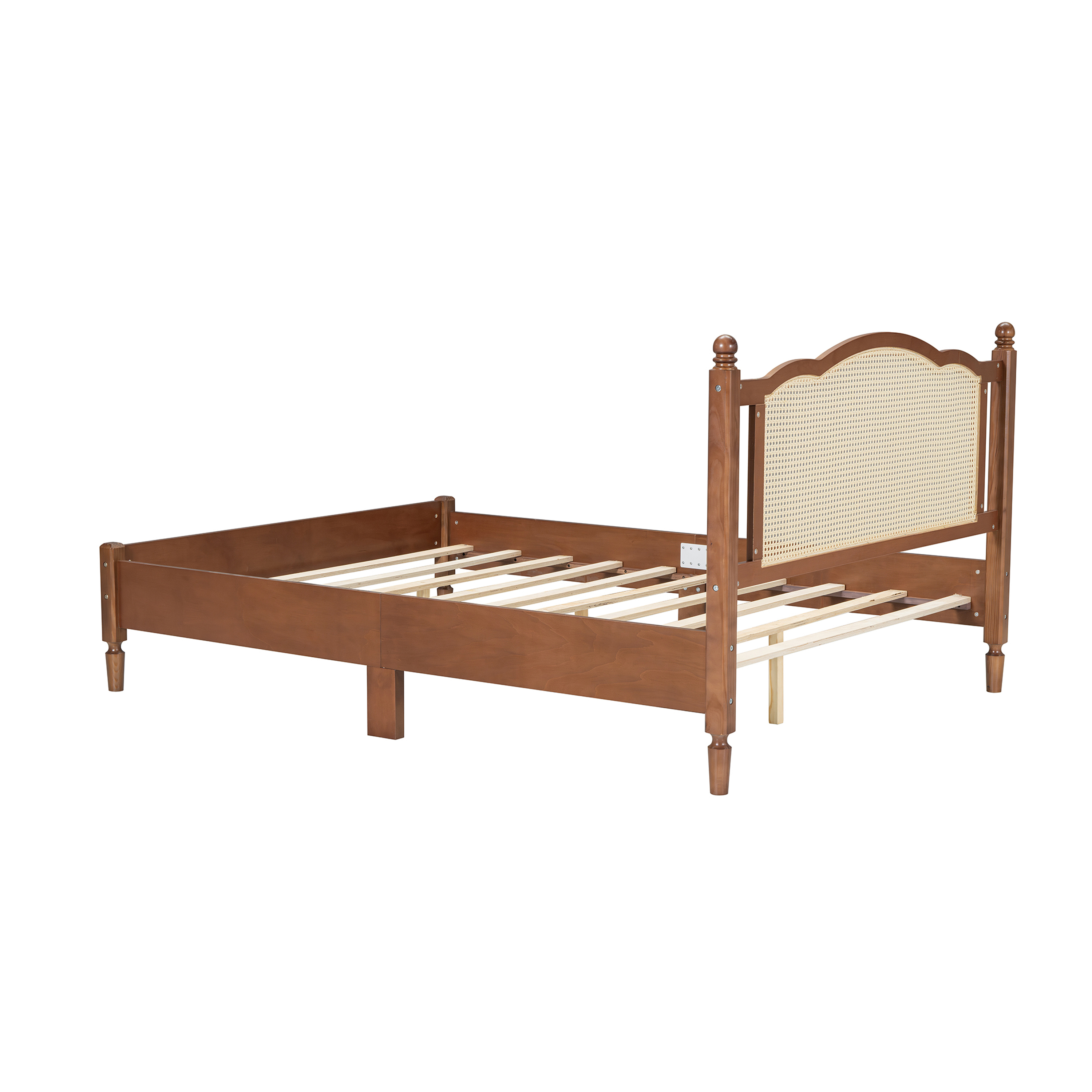 80"L x  62.8"W x 42.9"H Queen Size Wooden Platform Bed with Natural Rattan Headboard, Walnut