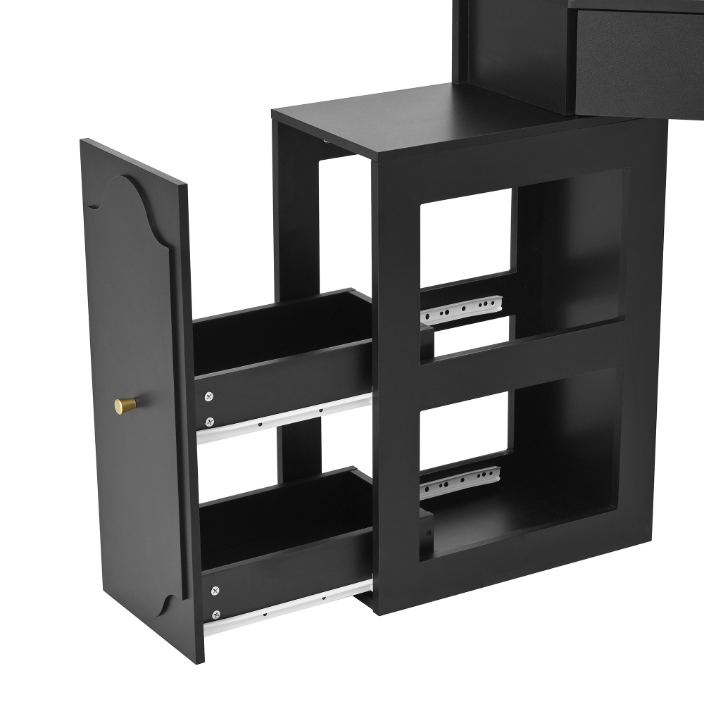 Corner Vanity Desk Set with Storage Cushioned Stool and Charging Station, Removable Pull-Out Side Cabinet, Drawer and Shelf, Black