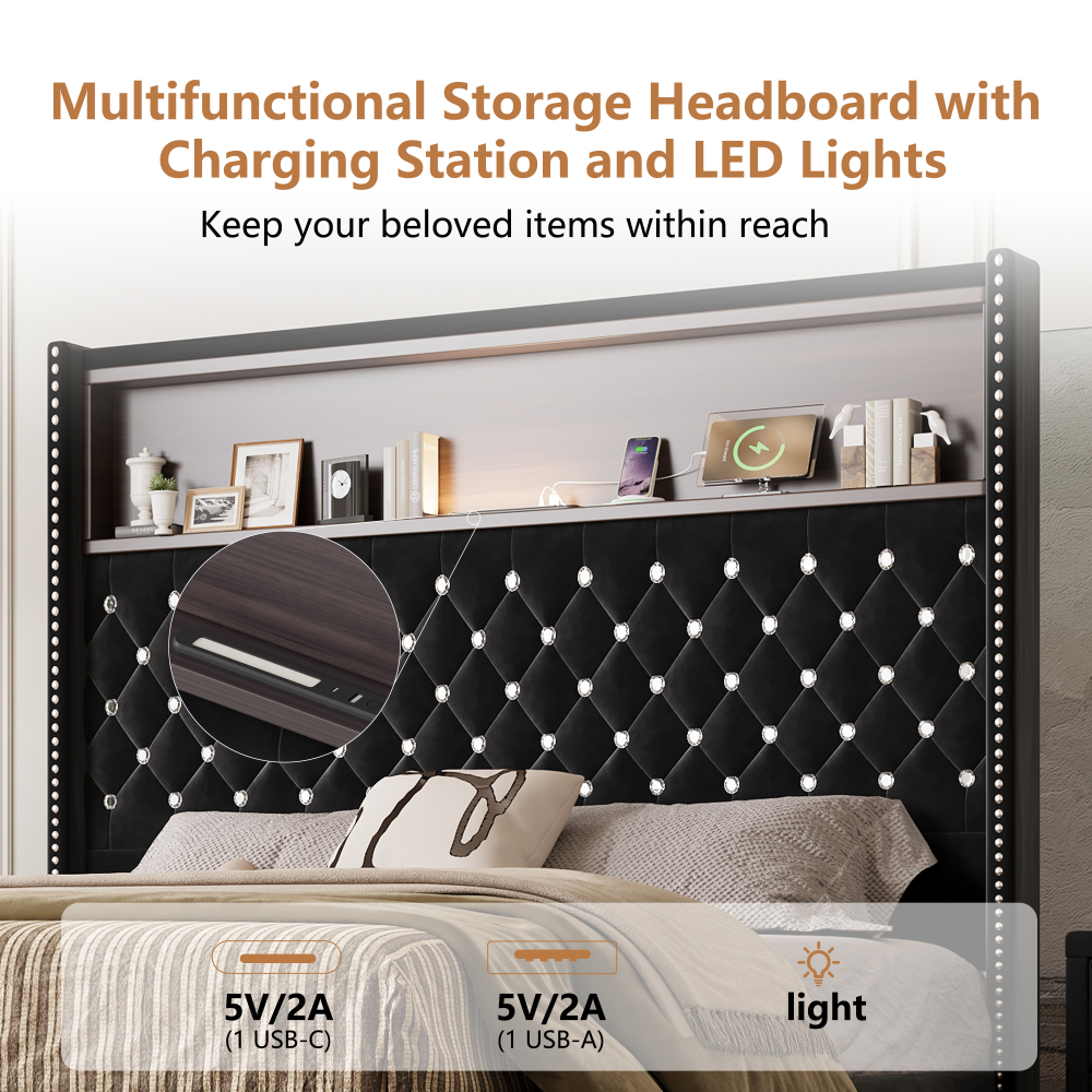 84.6"L x 63.7"W x 51.9"H Queen Size Velvet Tufted Soft Bed Frame, 52"High Headboard, USB Port and Night Light, Shelf, Black