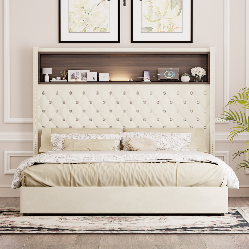 84.6"L x 63.7"W x 51.9"H Queen Size Velvet Tufted Soft Bed Frame, 52"High Headboard, USB Port and Night Light, Shelf, Beige