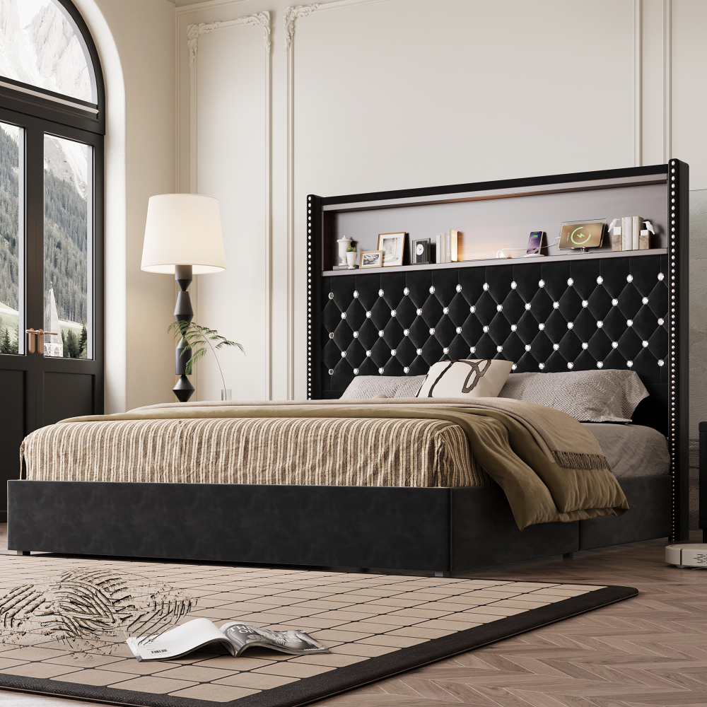 84.6"L x 63.7"W x 51.9"H Queen Size Velvet Tufted Soft Bed Frame, 52"High Headboard, USB Port and Night Light, Shelf, Black