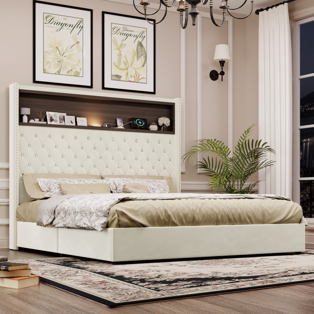 84.6"L x 63.7"W x 51.9"H Queen Size Velvet Tufted Soft Bed Frame, 52"High Headboard, USB Port and Night Light, Shelf, Beige