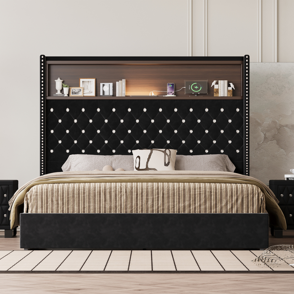 84.6"L x 63.7"W x 51.9"H Queen Size Velvet Tufted Soft Bed Frame, 52"High Headboard, USB Port and Night Light, Shelf, Black