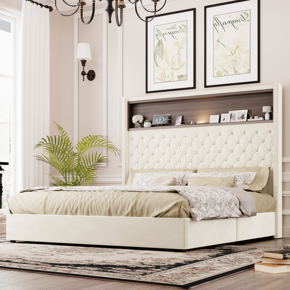 84.6"L x 63.7"W x 51.9"H Queen Size Velvet Tufted Soft Bed Frame, 52"High Headboard, USB Port and Night Light, Shelf, Beige