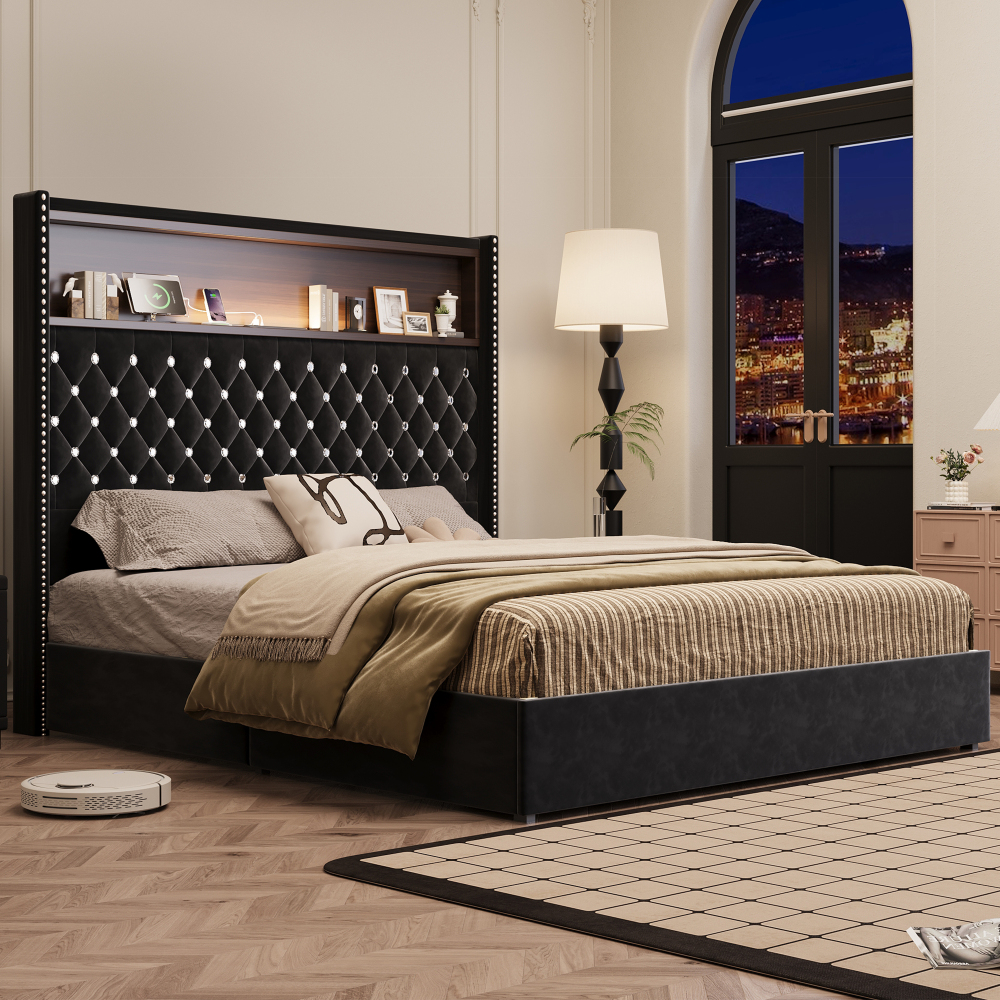 84.6"L x 63.7"W x 51.9"H Queen Size Velvet Tufted Soft Bed Frame, 52"High Headboard, USB Port and Night Light, Shelf, Black