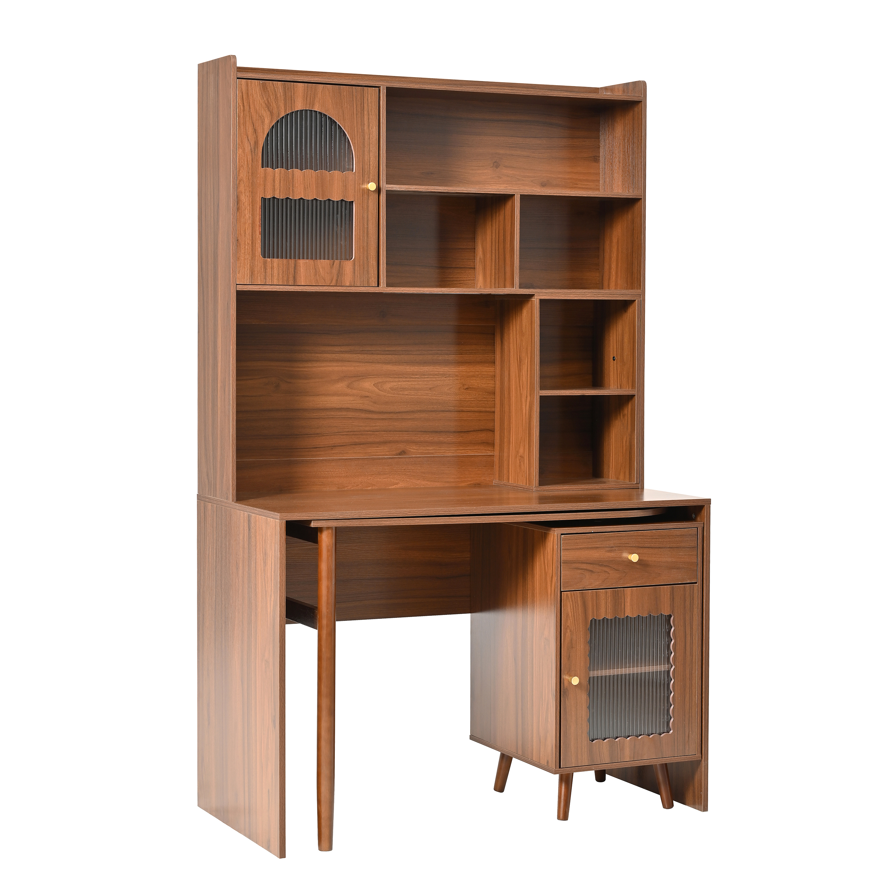 43.1"L x 21.6"W x 70.1"H Office Desk with 90 Degree Rotating Computer Desktop, Drawer and Cabinets, Shelves, Walnut