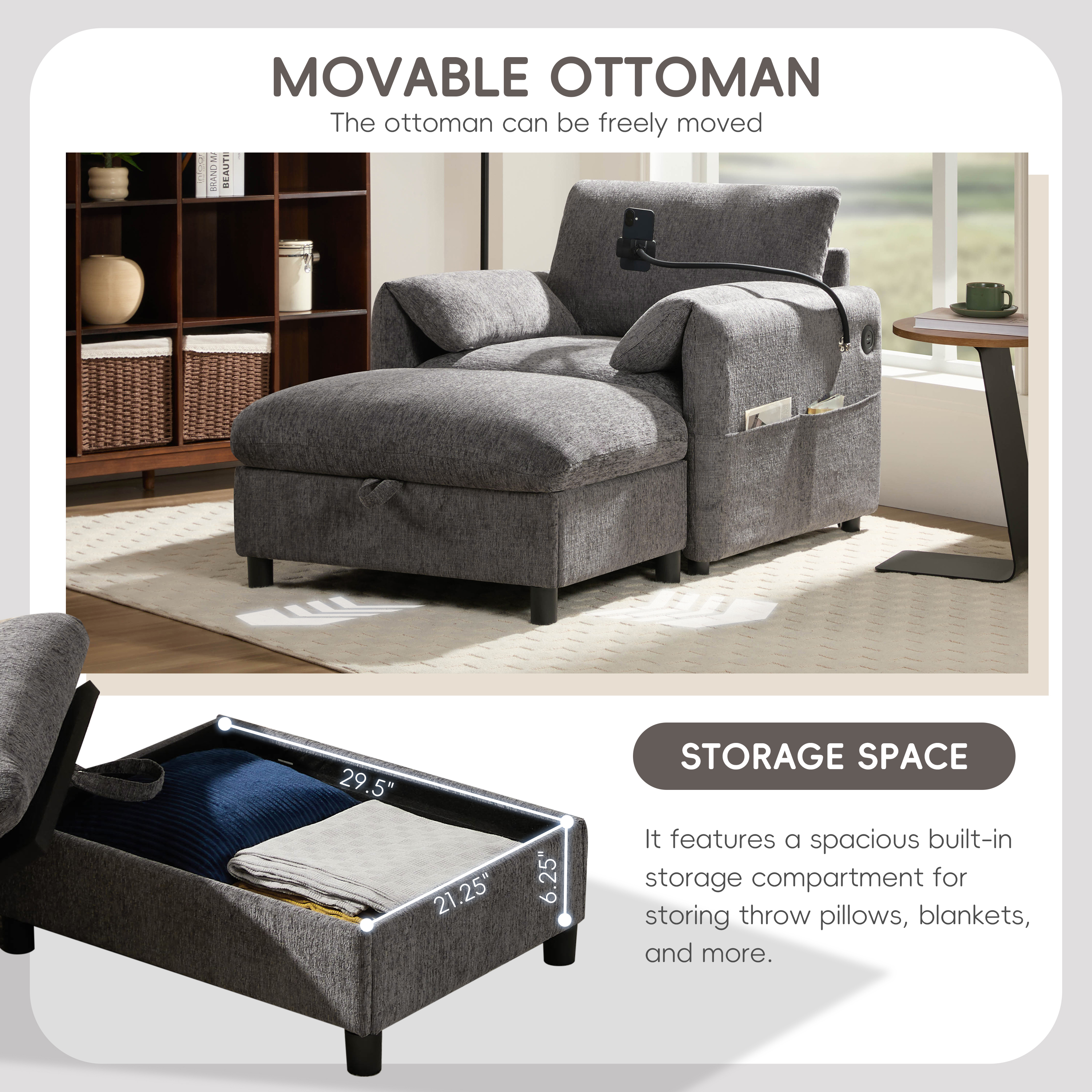 38" Single Sofa with Storage Ottoman, Adjustable Phone Holder, USB Charger, Side Storage Pockets, Pillow-Like Armrests, Wide Seat Chaise Lounge, Gray