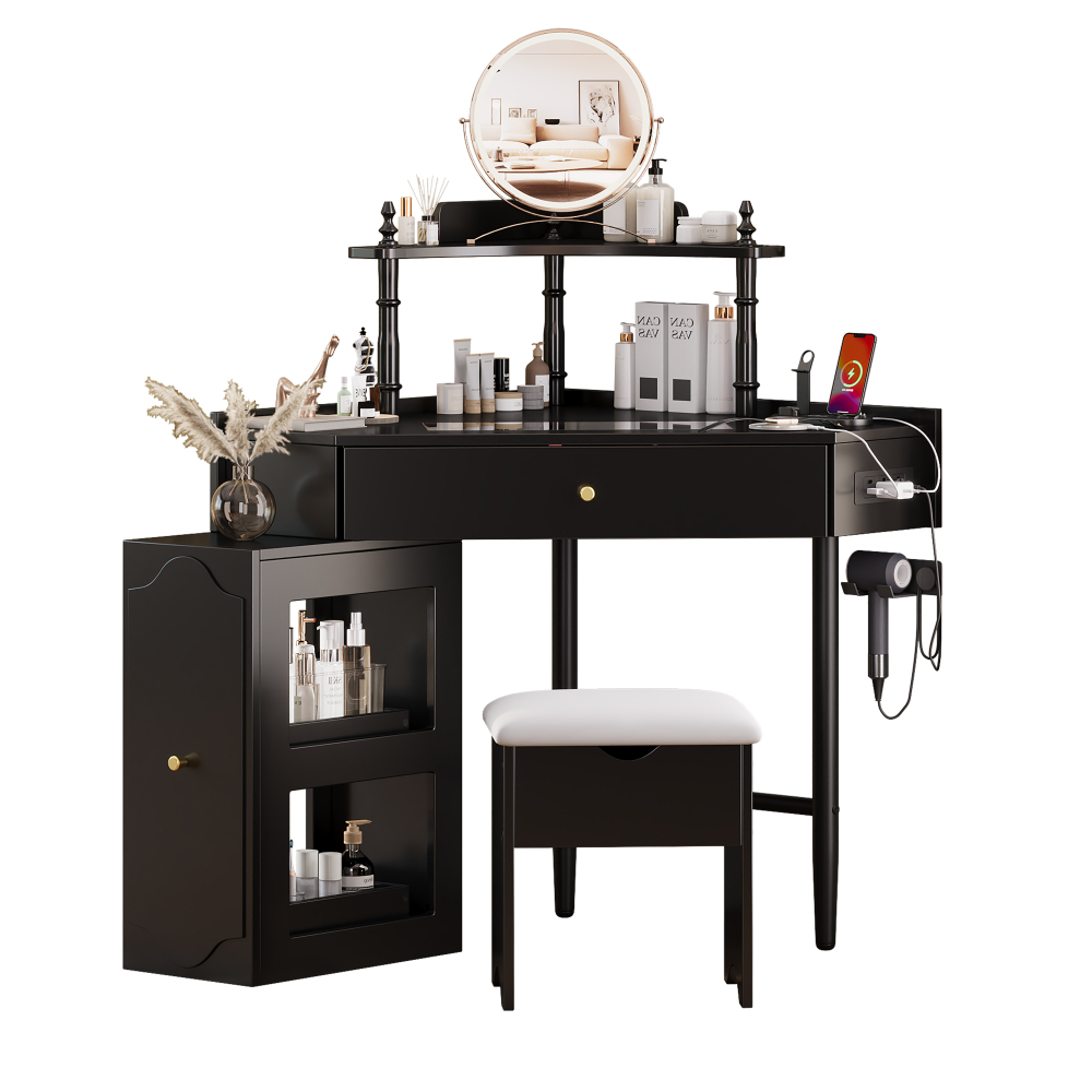 Corner Vanity Desk Set with Storage Cushioned Stool and Charging Station, Removable Pull-Out Side Cabinet, Drawer and Shelf, Black