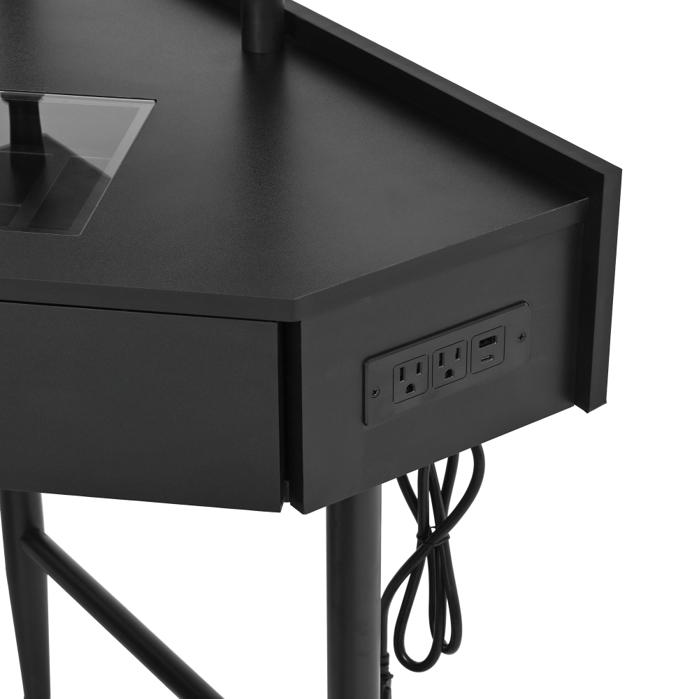 Corner Vanity Desk Set with Storage Cushioned Stool and Charging Station, Removable Pull-Out Side Cabinet, Drawer and Shelf, Black