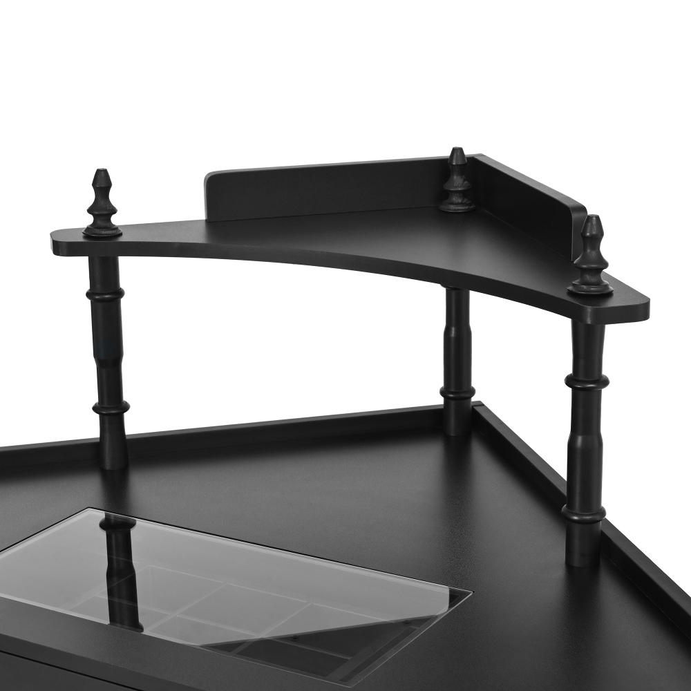 Corner Vanity Desk Set with Storage Cushioned Stool and Charging Station, Removable Pull-Out Side Cabinet, Drawer and Shelf, Black