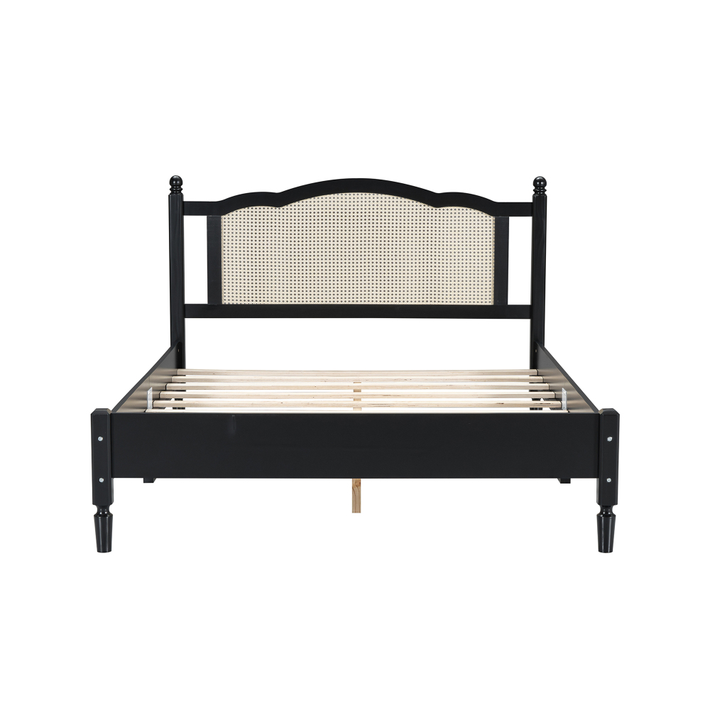 80"L x  62.8"W x 42.9"H Queen Size Wooden Platform Bed with Natural Rattan Headboard, Black