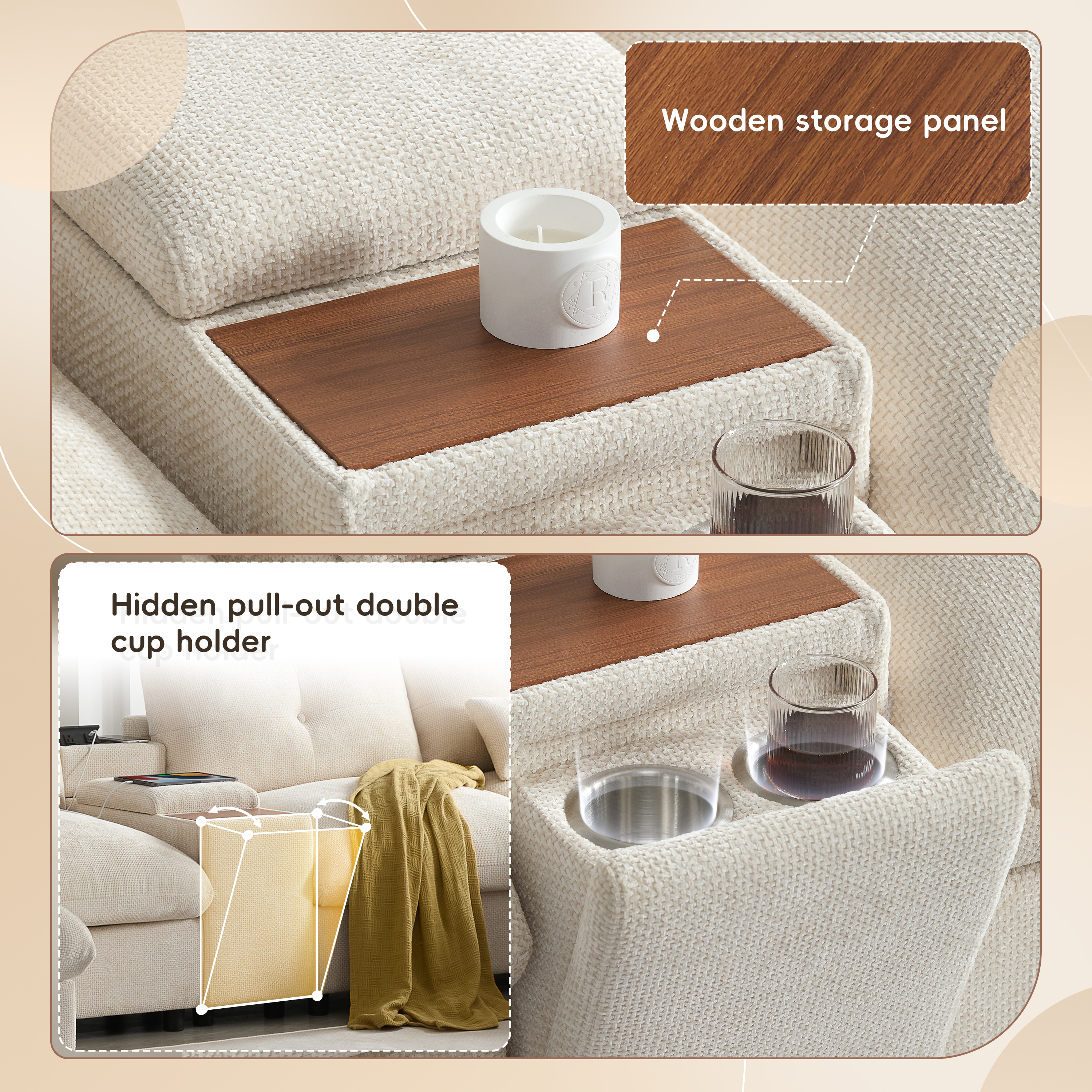 142'' Modular Sectional Sofa with Movable Storage Ottoman and Console,Cup Holder,Wide Seat,6 Seat U Shaped Couch,Oversized Chenille Sofa with USB Charger, White